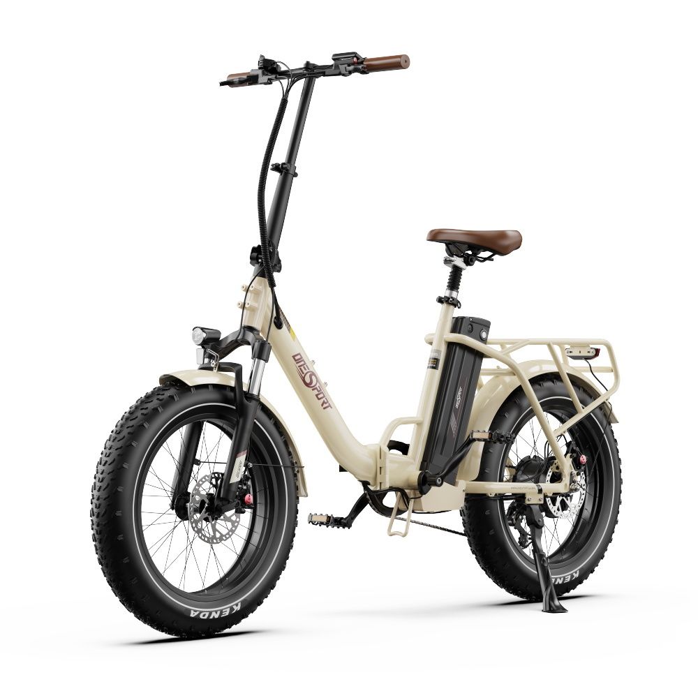 E-bike, crème, bruin zadel, zwarte banden. Merk ONESPORT. Met bagagedrager en accu.