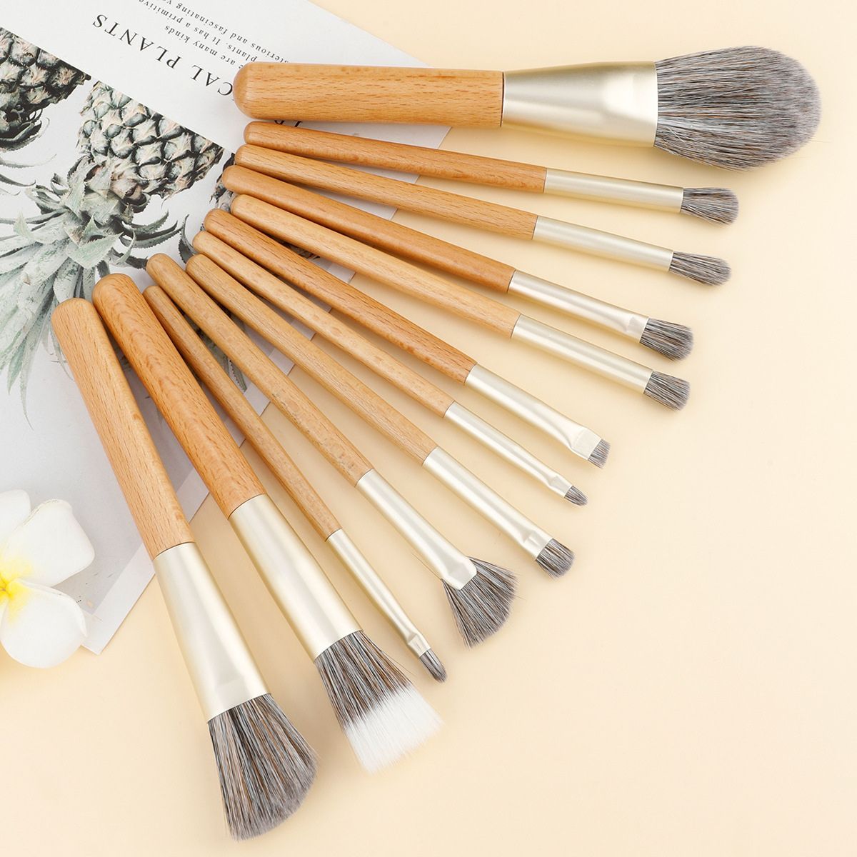 Ensemble de 10 pinceaux de maquillage avec manches en bois et viroles argentées.
