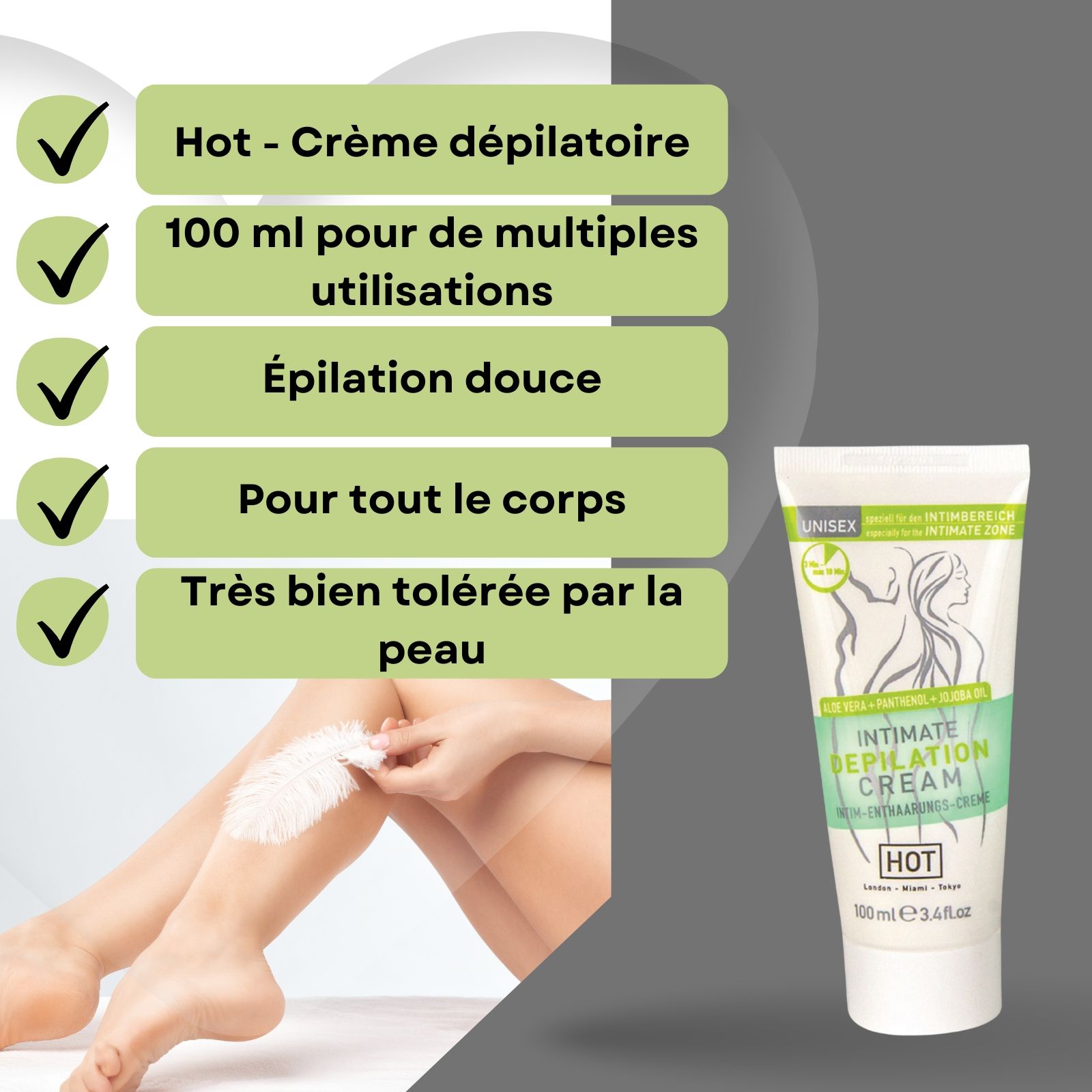 Crème et jambe. Inscription : INTIMATE DEPILATION CREAM. Marque : HOT. 100 ml. Unisex. Informations sur le produit.