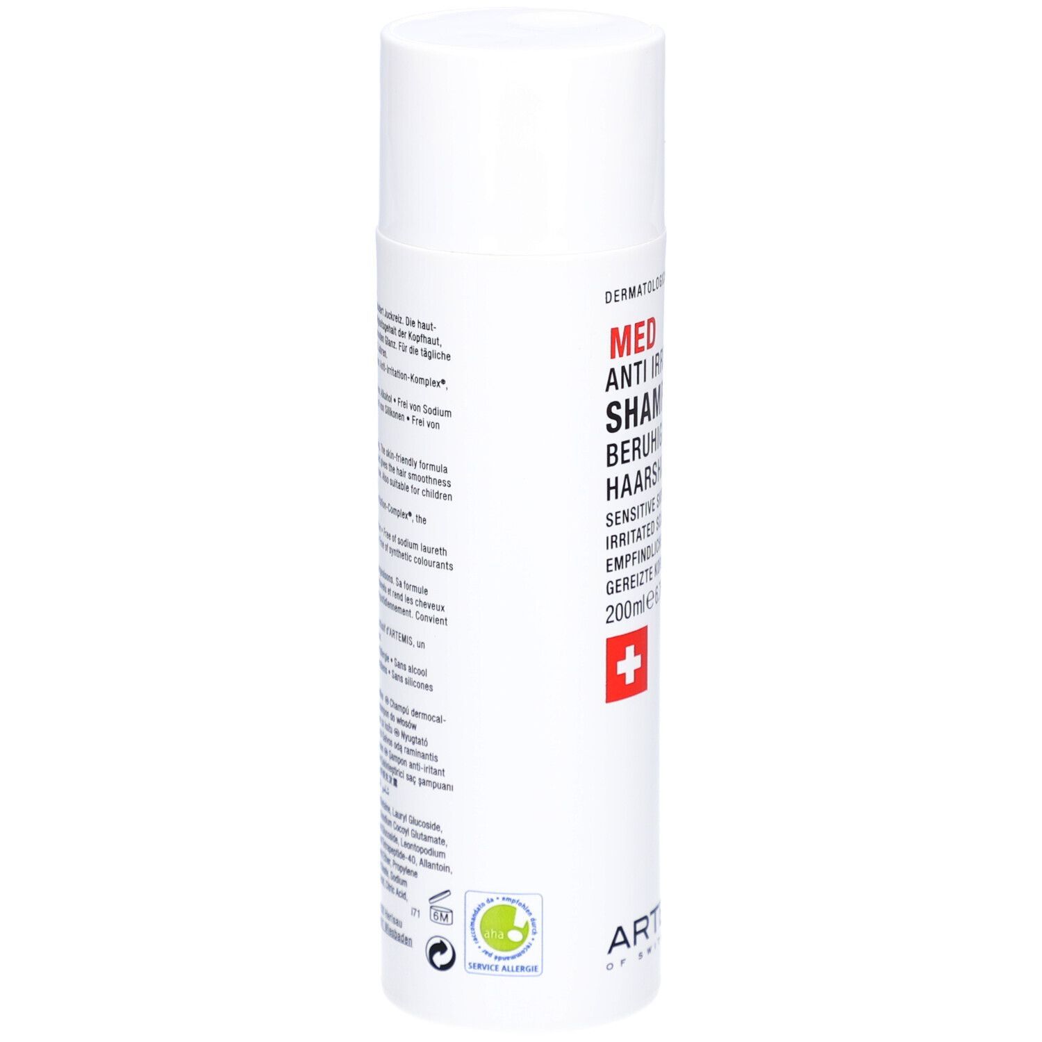 Flacon blanc avec texte rouge et noir. Croix suisse. Nom du produit: Med Anti Irritation Shampoo. Marque: Artemis of Switzerland.