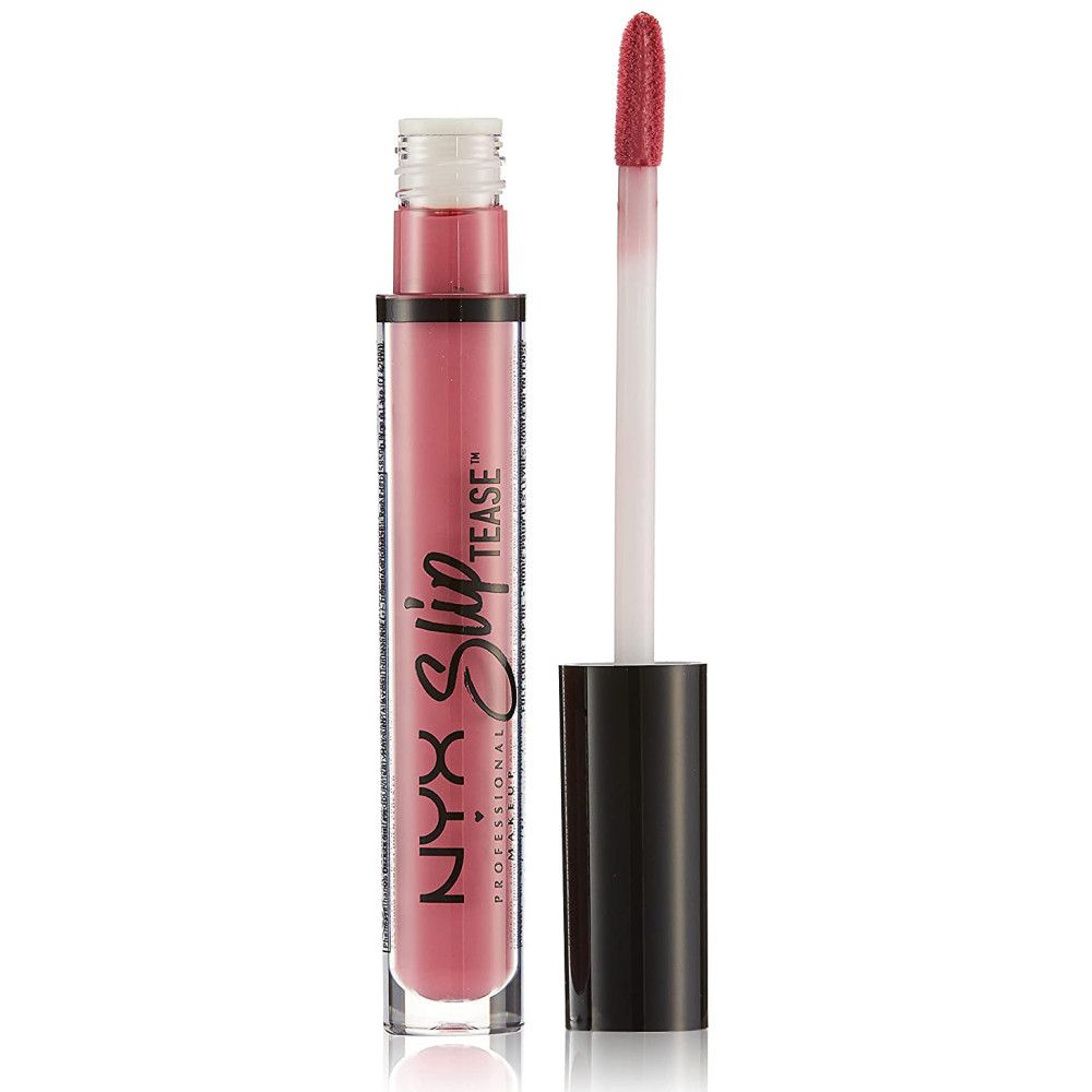Nyx Slip Tease lipolie, roze tint. Met applicator. Zwarte dop, transparante fles.