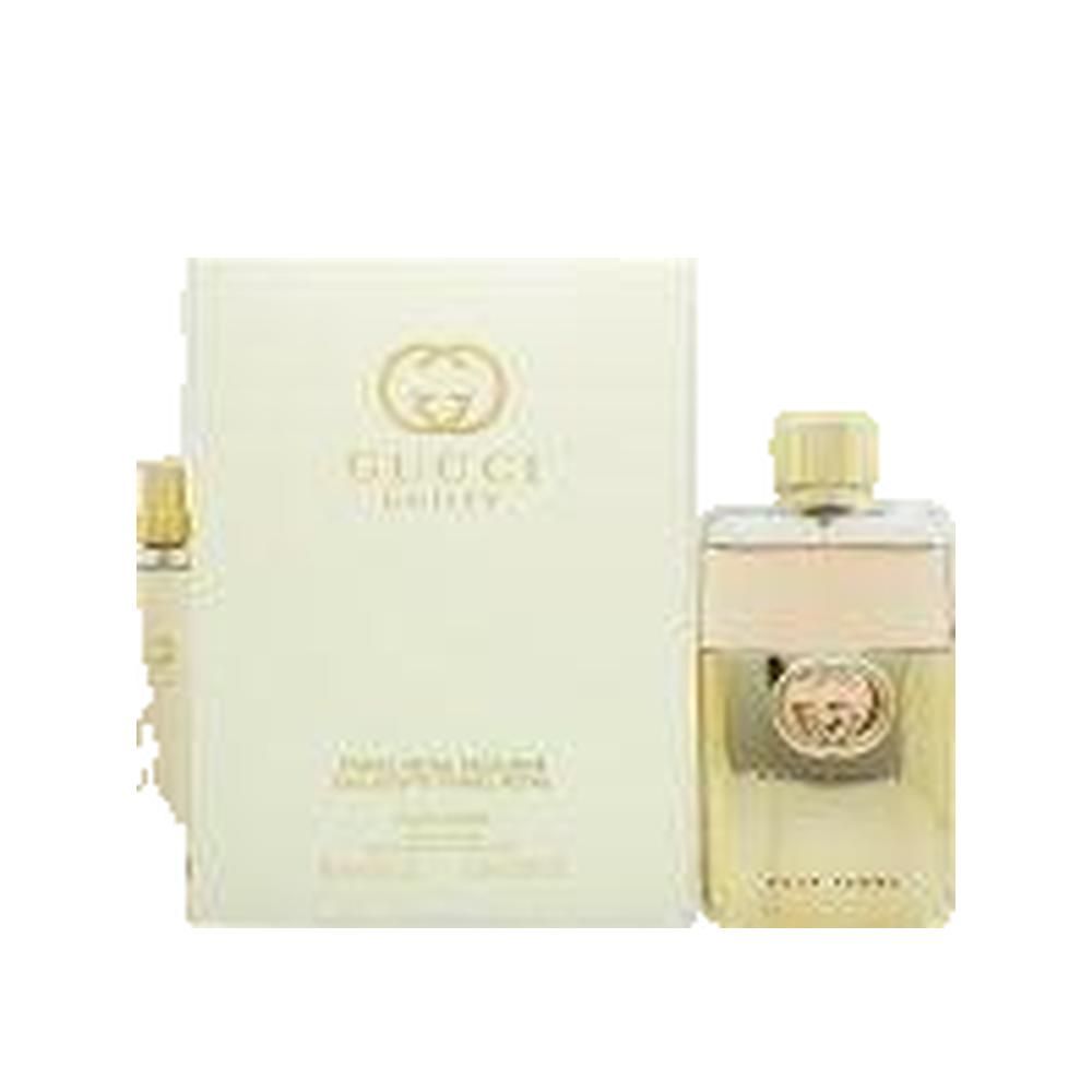 Gucci Guilty Pour Femme Eau de Parfum. Gouden fles met gouden dop. Rechthoekige verpakking met logo.