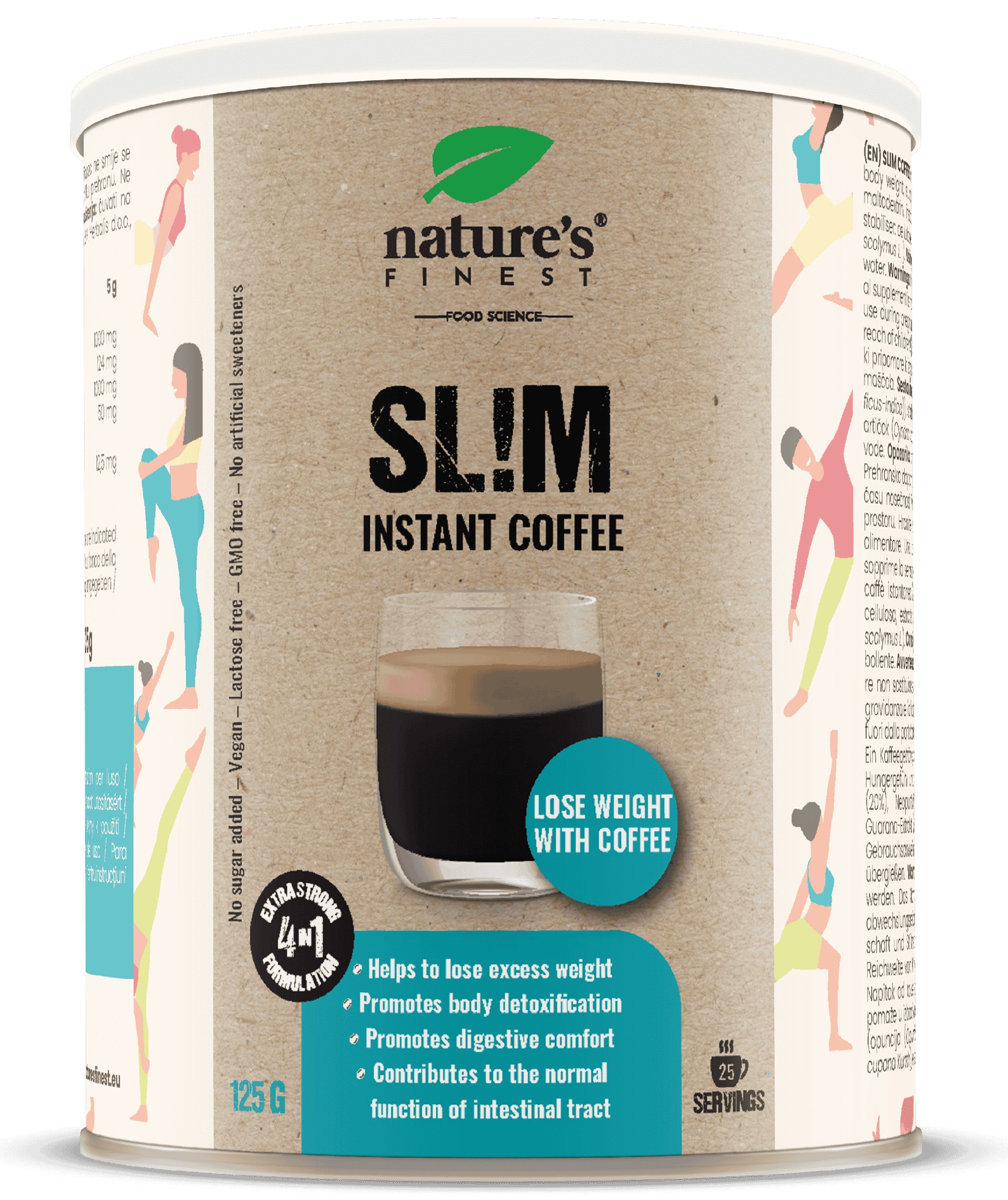 Boîte de café instantané Nature's Finest Slim. Inscription : Lose Weight With Coffee. 125g, 25 portions. Formule 4 en 1.