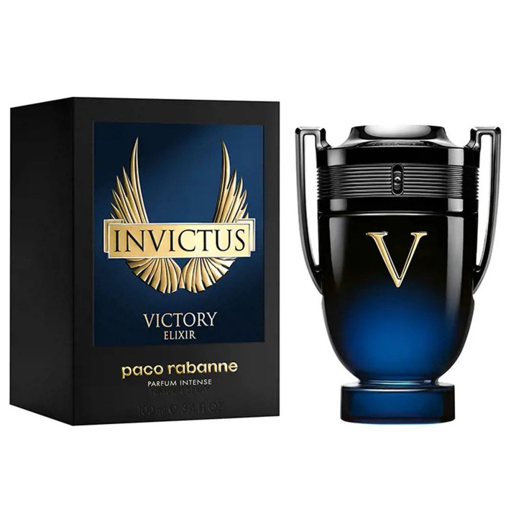 Paco Rabanne Invictus Victory Elixir parfumfles en doos. Donkerblauwe fles met gouden 'V'-symbool. Zwarte doos met gouden vleugels en tekst.