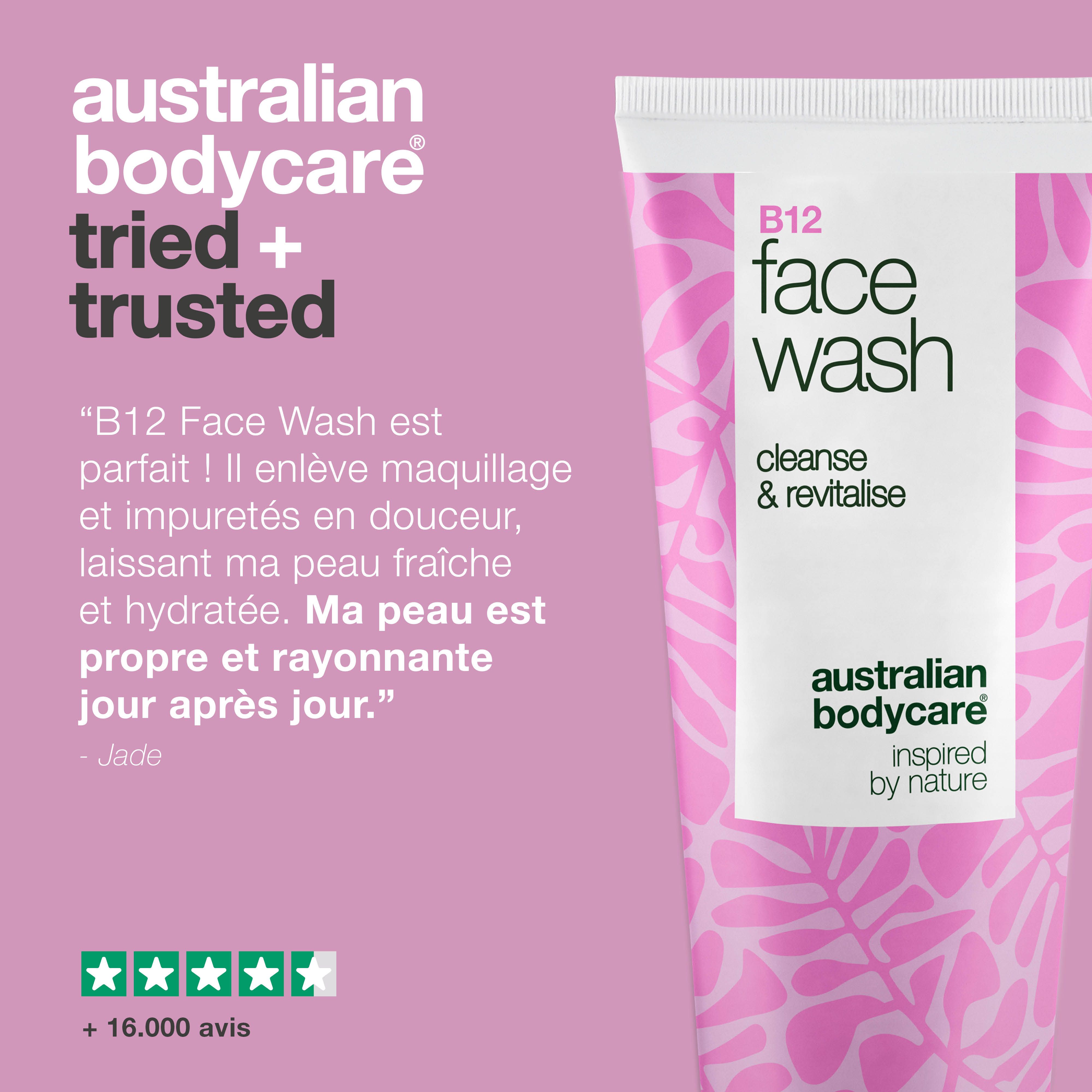 Tube de nettoyant visage avec texte et avis. Inscription : B12 Face Wash, cleanse & revitalise, Australian Bodycare. +16.000 avis.