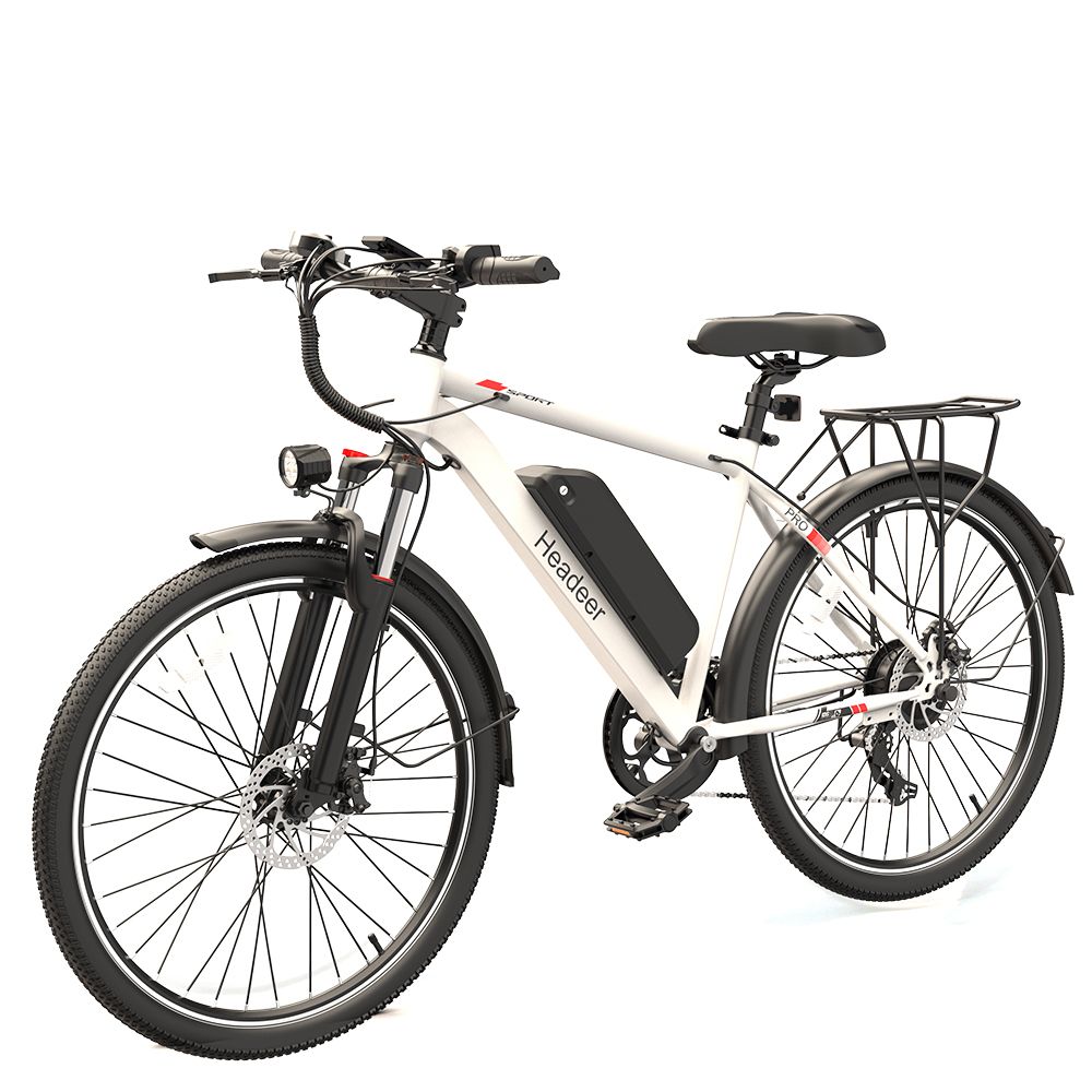 Vélo électrique, cadre blanc, pneus noirs, porte-bagages, batterie. Marque Headeer visible.