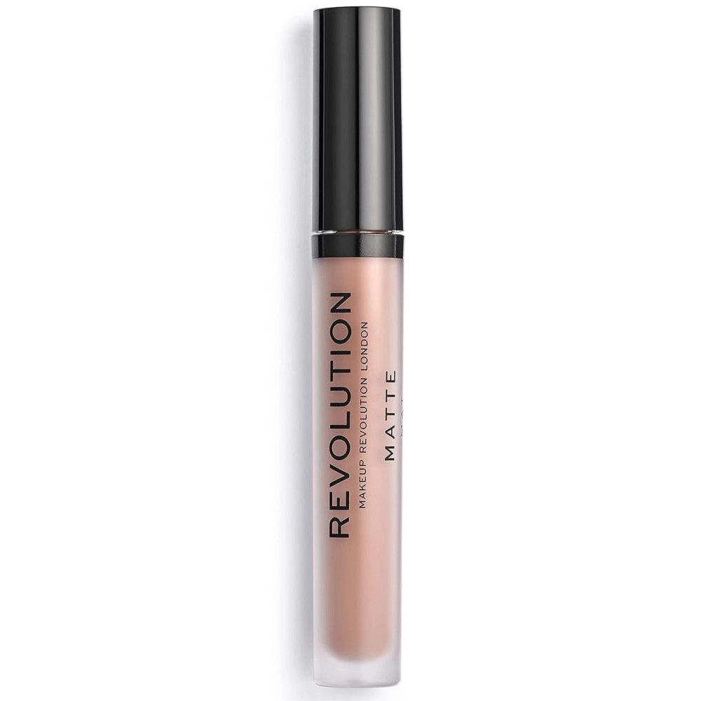 Tube de gloss fermé. Inscription: REVOLUTION MAKEUP REVOLUTION LONDON MATTE. Teinte nude.