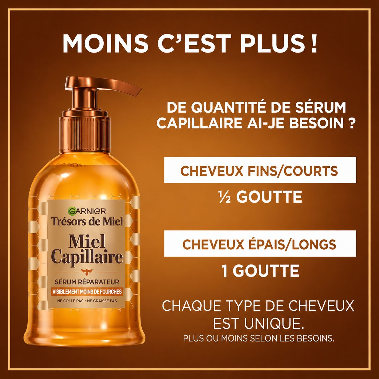 Flacon de sérum capillaire Garnier avec pompe, liquide doré.