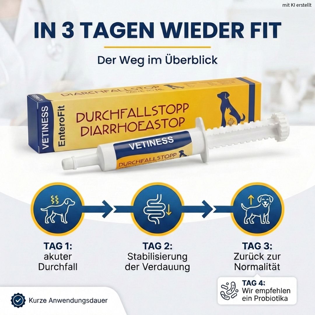 Emballage du produit et applicateur. Texte : De retour en forme en 3 jours. Étapes : diarrhée aiguë, stabilisation, normalité. Probiotiques.
