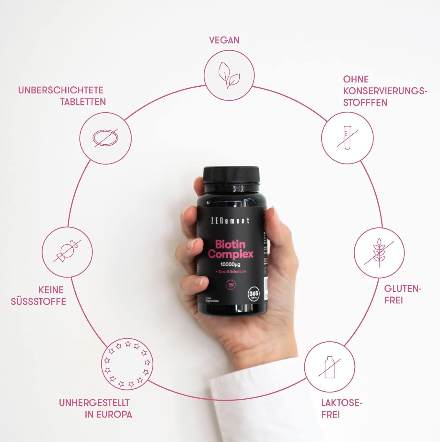 Zwarte fles Biotin Complex. Opschriften: Vegan, zonder conserveermiddelen, glutenvrij, lactosevrij, zonder zoetstoffen, niet-gecoate tabletten, gemaakt in Europa.