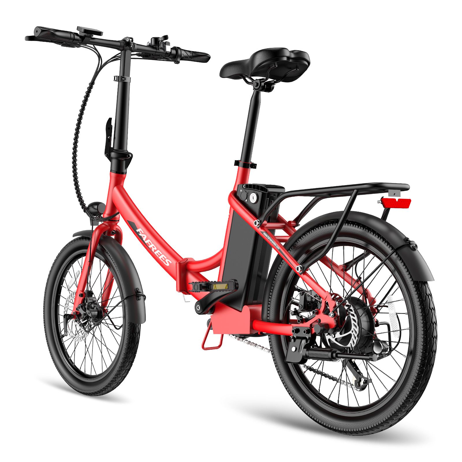 Rode Fafrees F20Light e-bike. Zwarte onderdelen, bagagedrager, spatborden. Achteraanzicht.