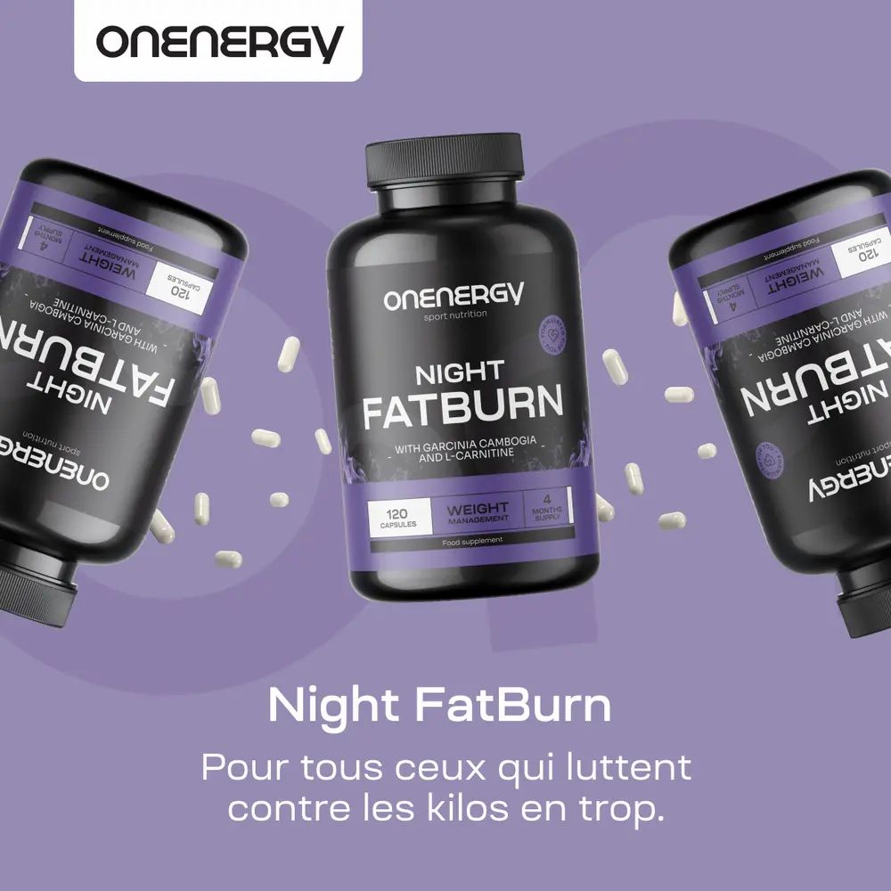 Trois flacons ONENERGY Night FatBurn. Gélules. Texte: Pour tous ceux qui luttent contre les kilos en trop.