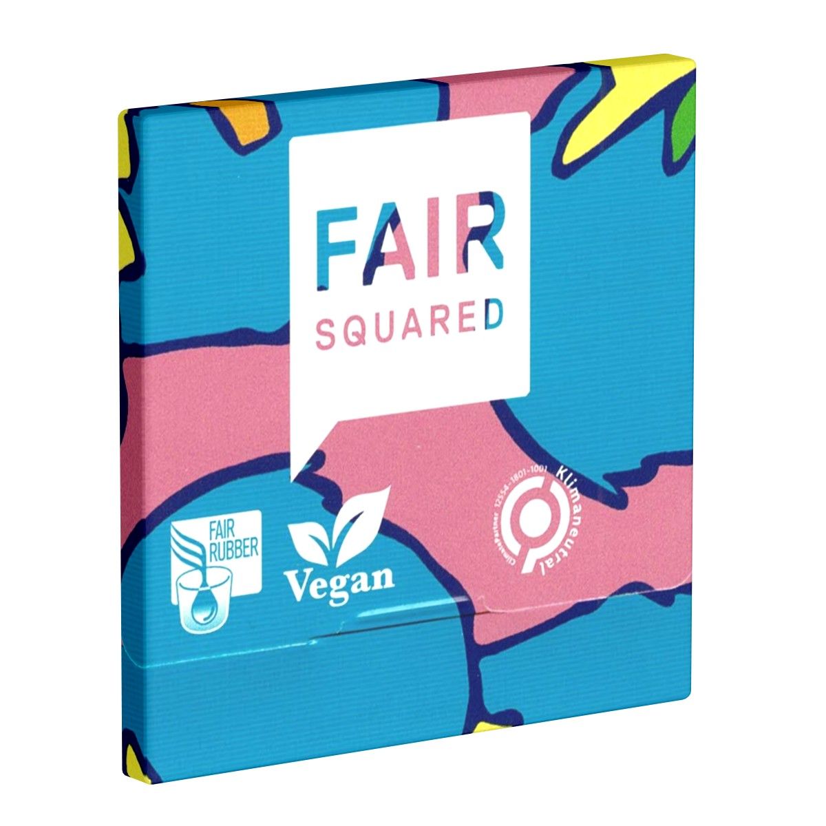 Emballage carré avec motif coloré. Bulle blanche avec "FAIR SQUARED". Logos "Fair Rubber", "Vegan" et label neutre pour le climat.