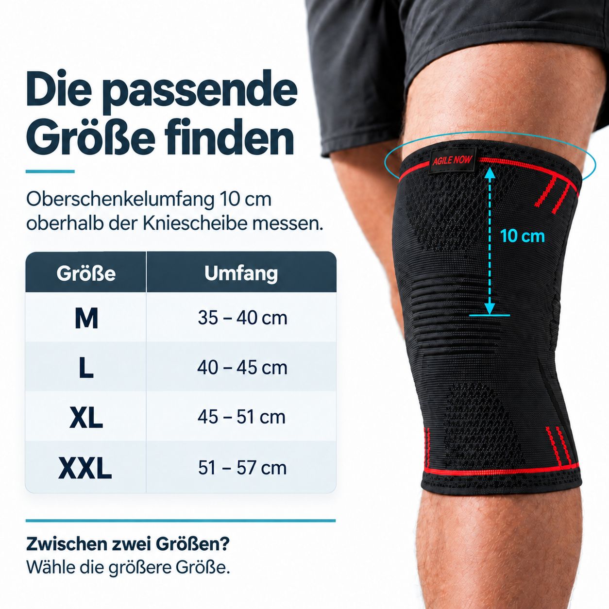 Tableau des tailles pour genouillères : mesure du tour de jambe 10 cm au-dessus du genou.
