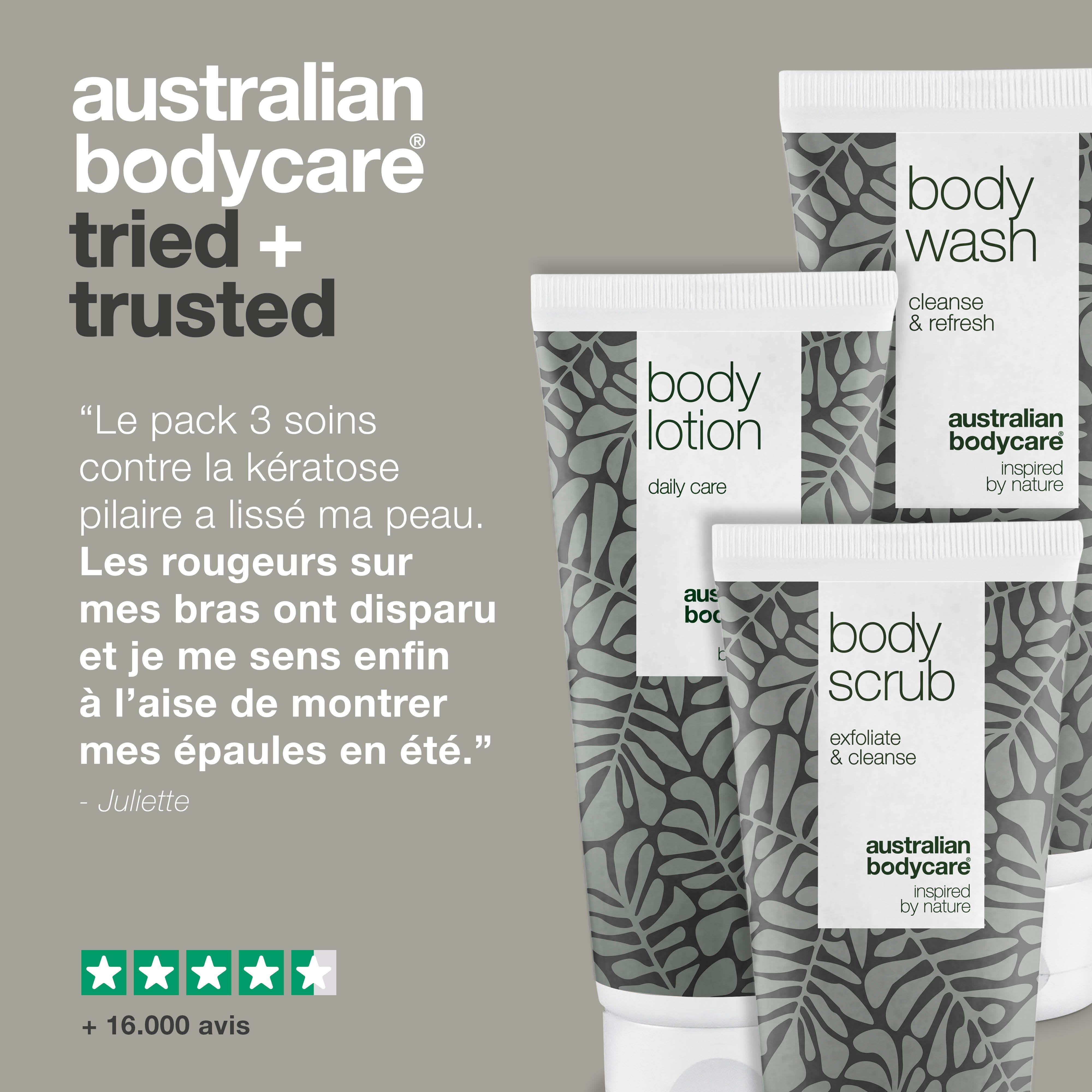 Trois tubes. Inscriptions : Body Scrub, Body Wash, Body Lotion. Marque : Australian Bodycare. Texte : Tried + Trusted. Évaluation par étoiles.