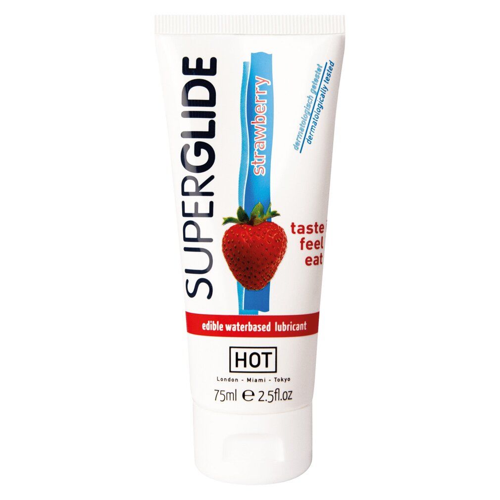 HOT Superglide Aardbei: Eetbaar glijmiddel op waterbasis, 75ml.
