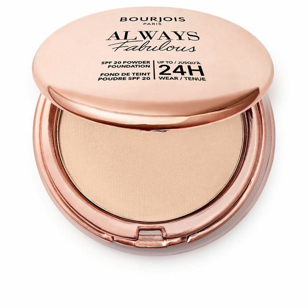 Poudre compacte Always Fabulous de Bourjois. Boîtier rond rose avec miroir. Poudre de teinte claire. Inscription: Always Fabulous, SPF 20, 24H.
