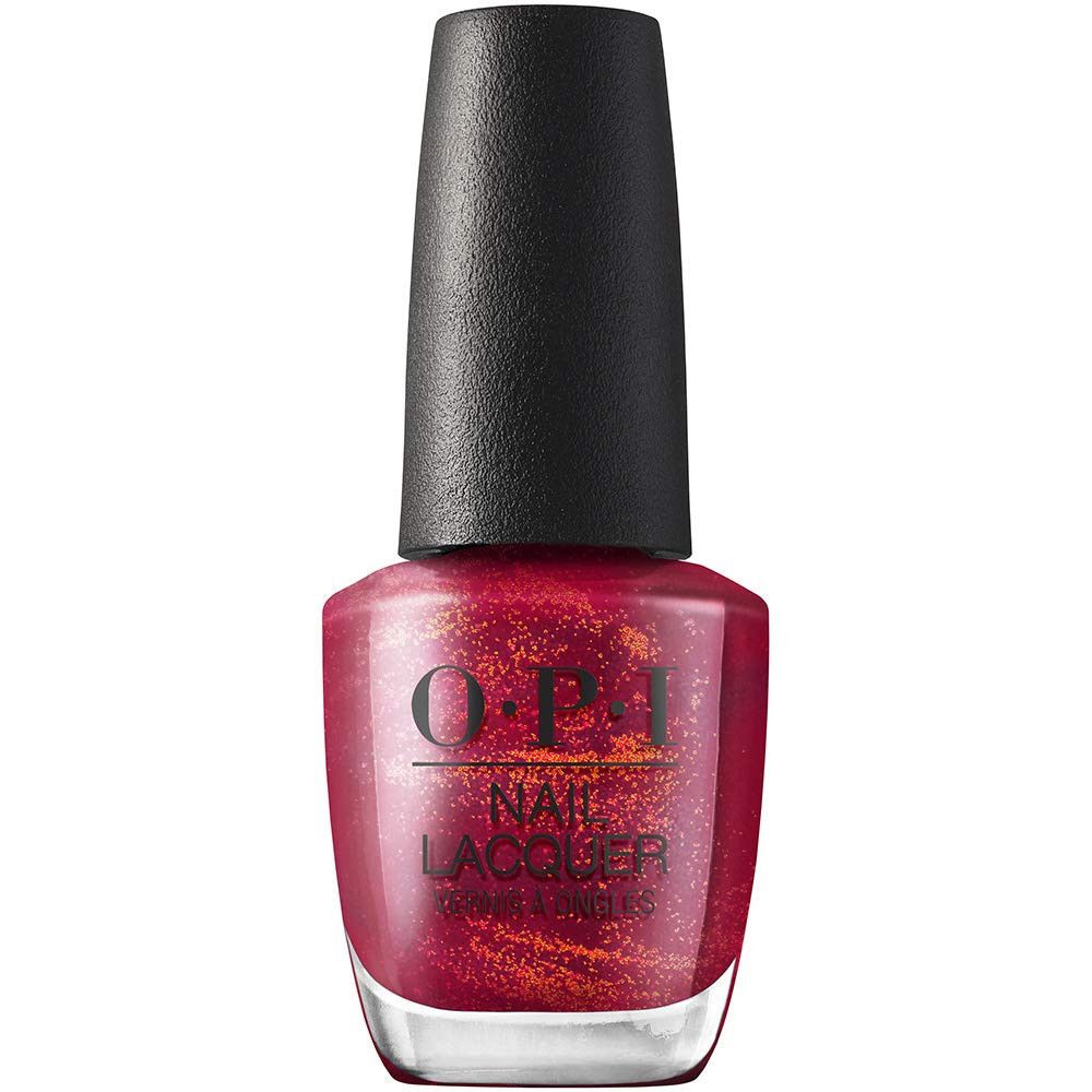 OPI nagellakfles. Donkerrode lak met glitter. Zwarte dop. OPI-logo en nagellak-opschrift.