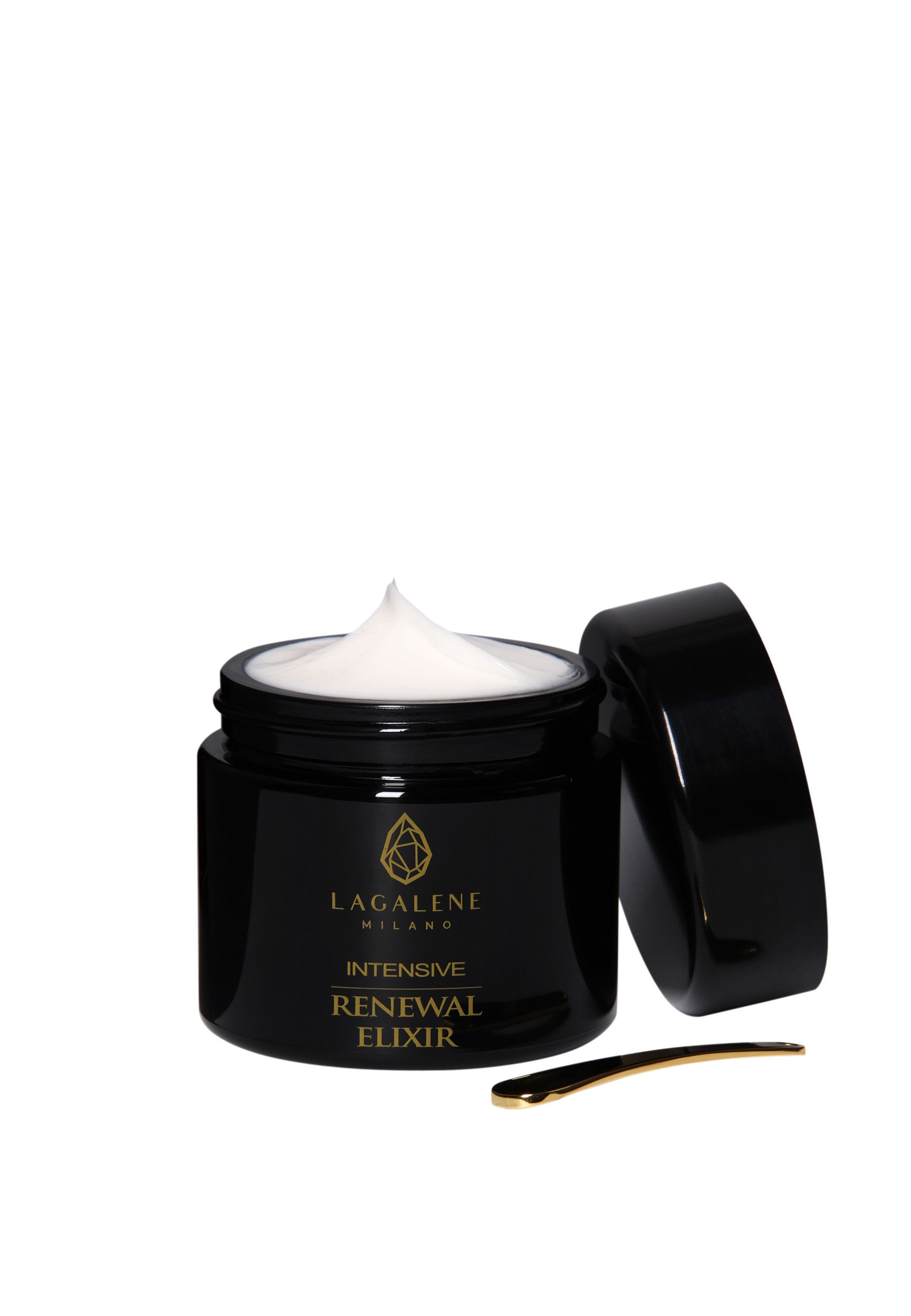 Pot noir ouvert, crème visible. Couvercle à côté. Spatule dorée. Texte doré: Intensive Renewal Elixir.