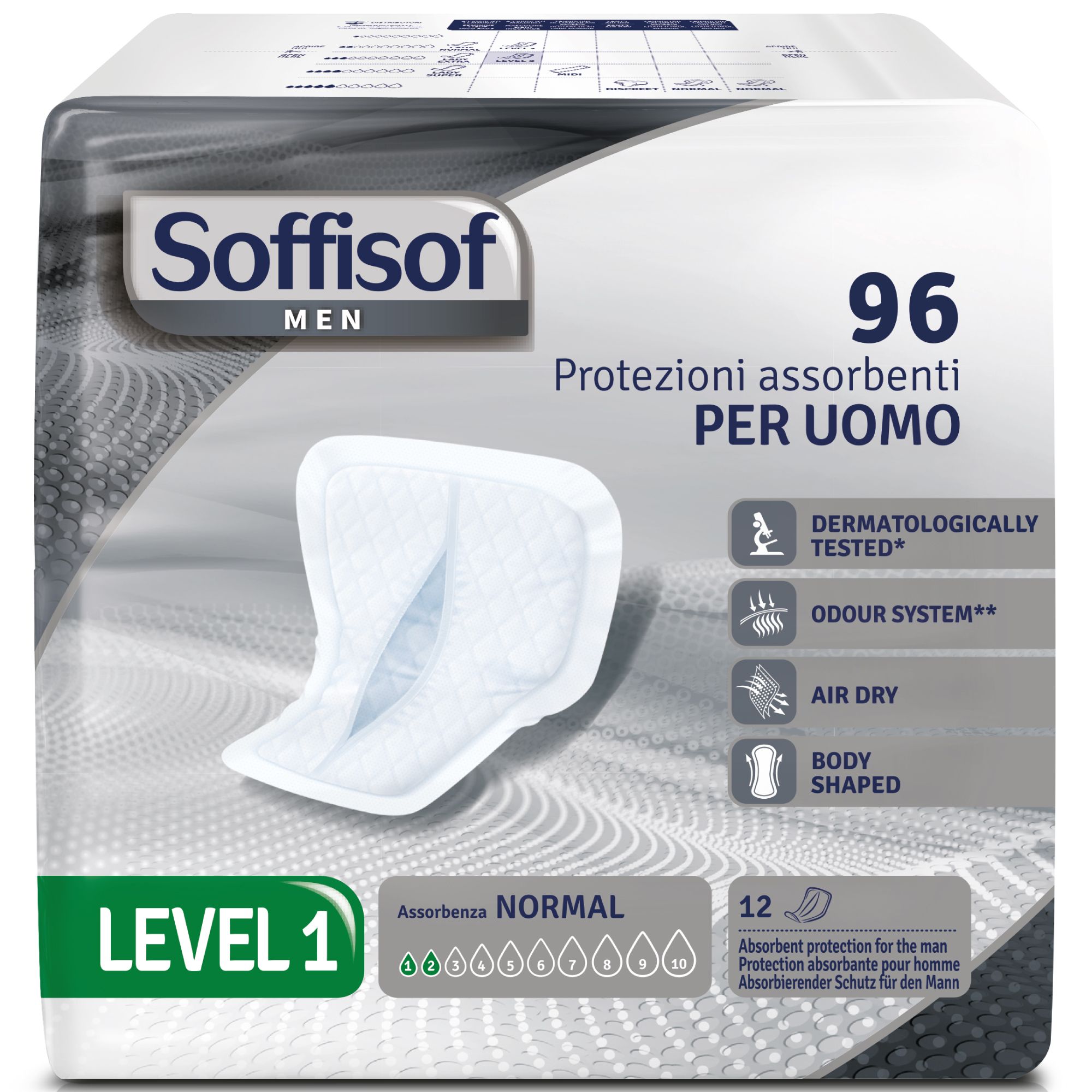 Verpakking Soffisof Men inlegkruisjes. 96 stuks, niveau 1. Dermatologisch getest, geursysteem, ademend, lichaamsvorm.