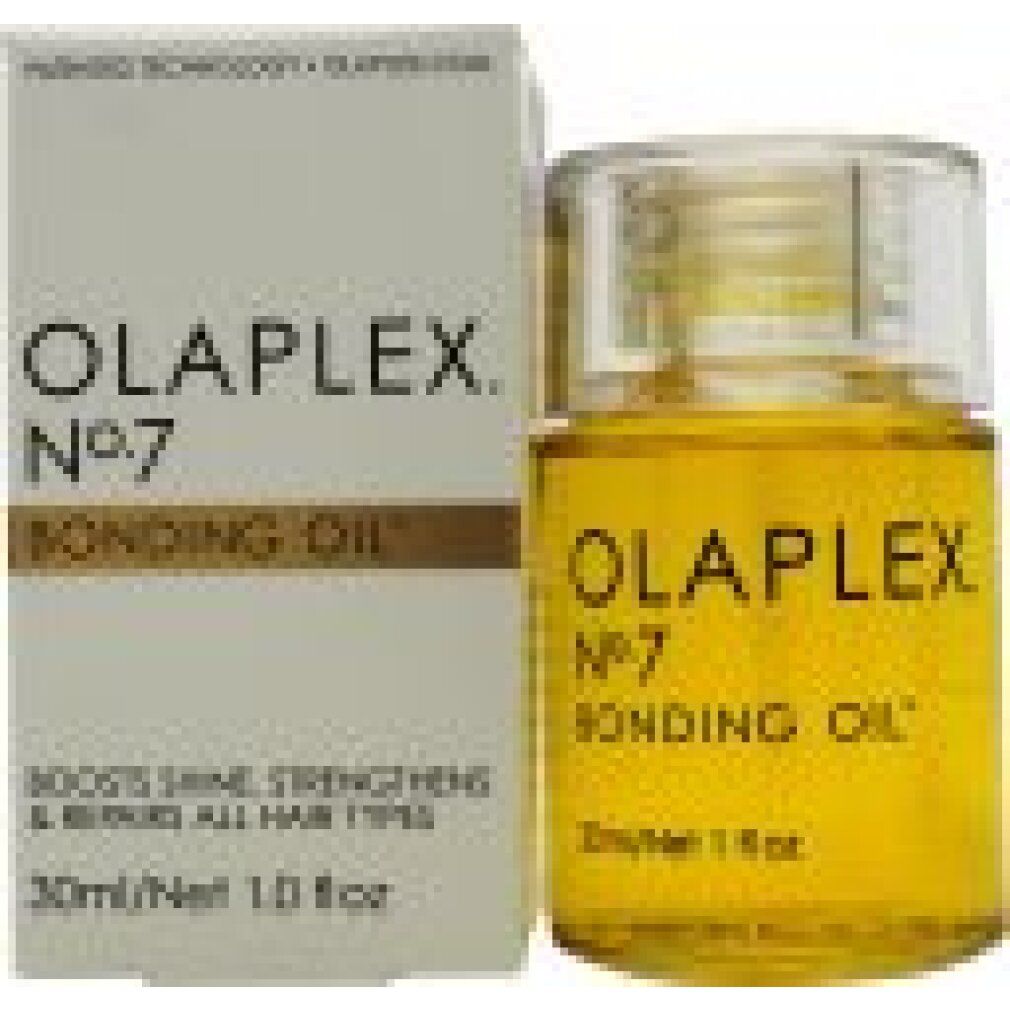 Olaplex Nr. 7 Bonding Oil. Productfles en verpakking. Witte verpakking met productinformatie.
