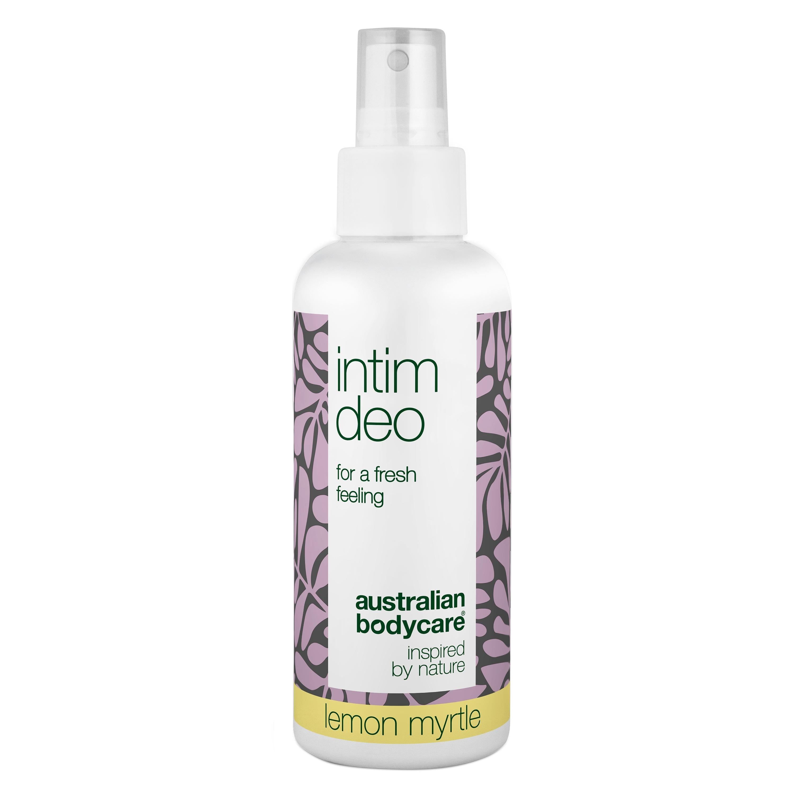 Flacon blanc avec vaporisateur. Inscription : Intim Deo, Australian Bodycare, Lemon Myrtle.