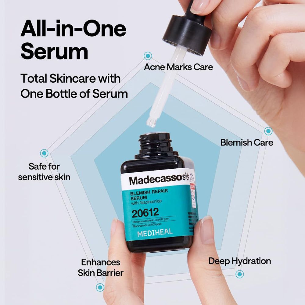 Serumfles met druppelaar. Zwarte dop, vierkante fles met blauw etiket. Tekst: Madecassoside Blemish Repair Serum, 20612, MEDIHEAL.