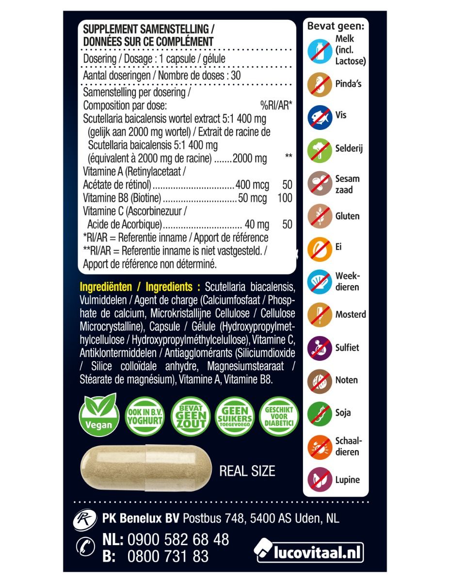 Achterkant verpakking met ingrediënten en allergeneninfo. Illustratie van een capsule.