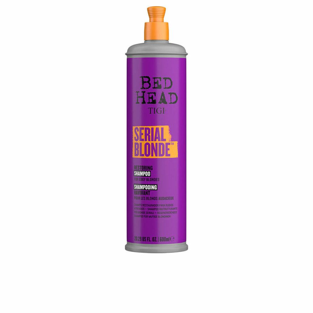 Paarse fles Bed Head TIGI Serial Blonde Shampoo met oranje pompdoseerder. 500ml.
