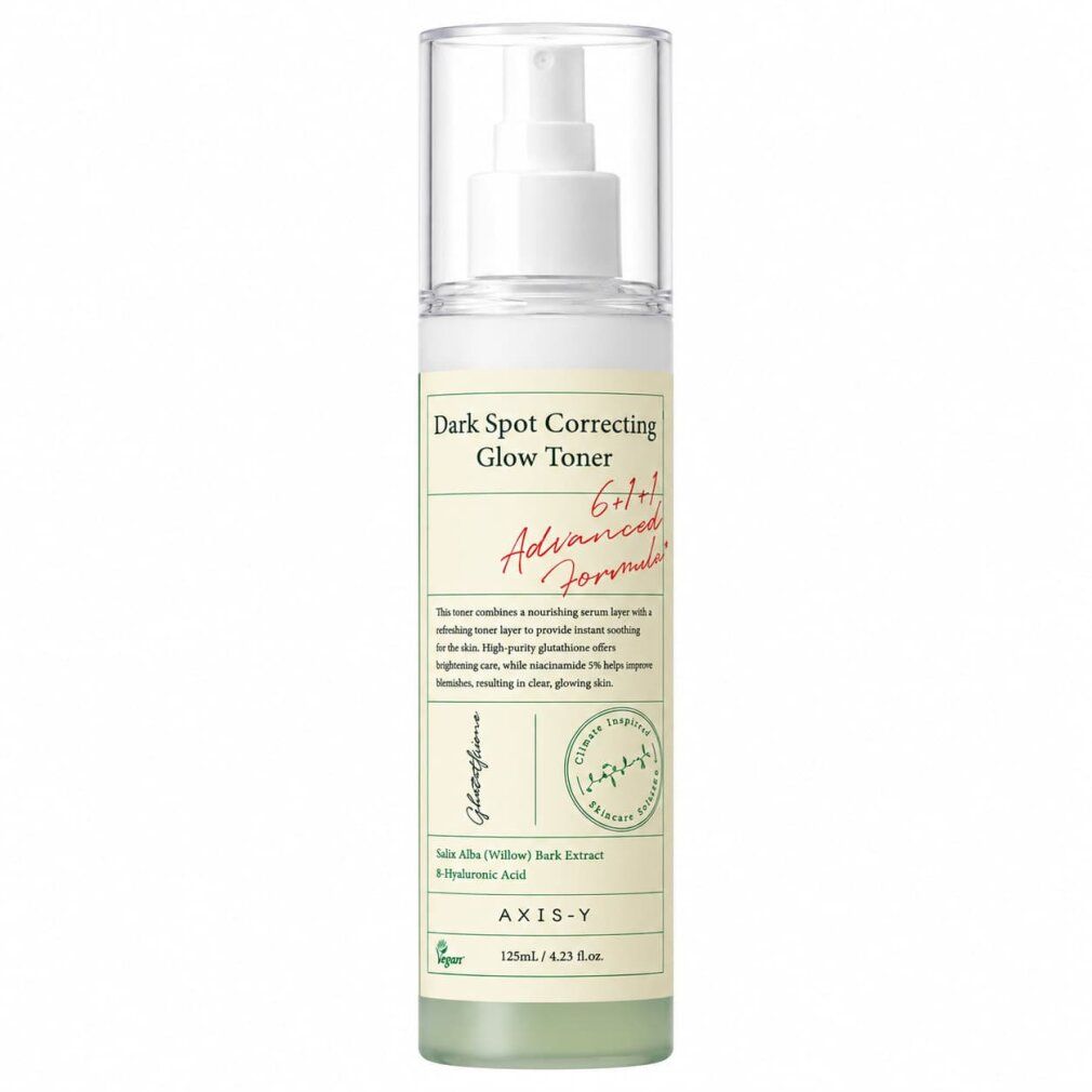 Axis-Y Dark Spot Correcting Glow Toner in sprayfles, van bovenaf gezien. 125ml.