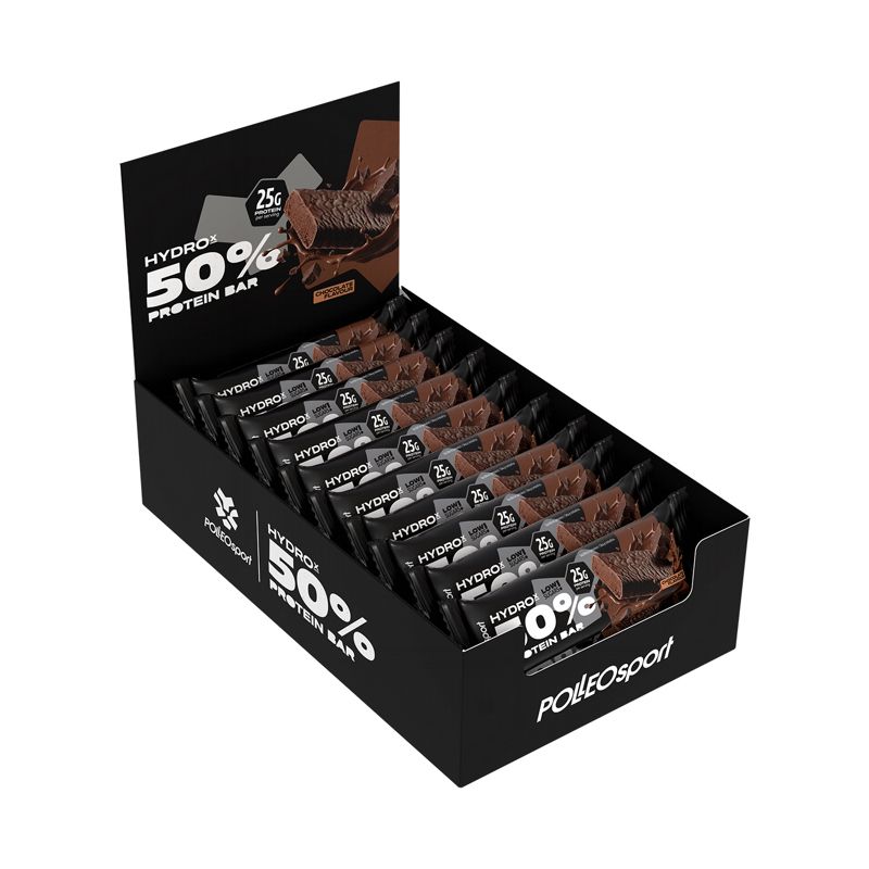 Boîte noire de barres protéinées. Inscription : Hydro 50% Protein Bar, 25g. Barre avec morceaux de chocolat.