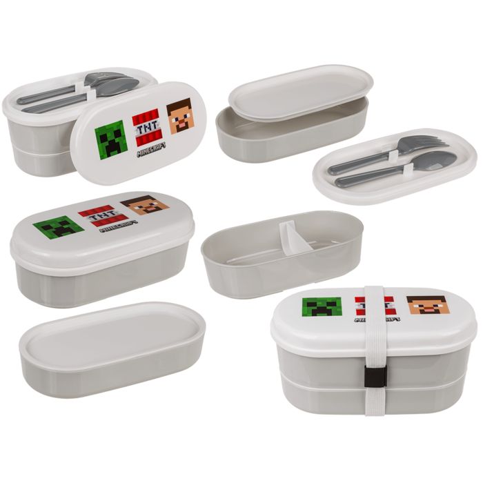 Meerdere grijze brooddozen met witte deksel. Minecraft-motieven. Sommige met bestek, sommige met riem.