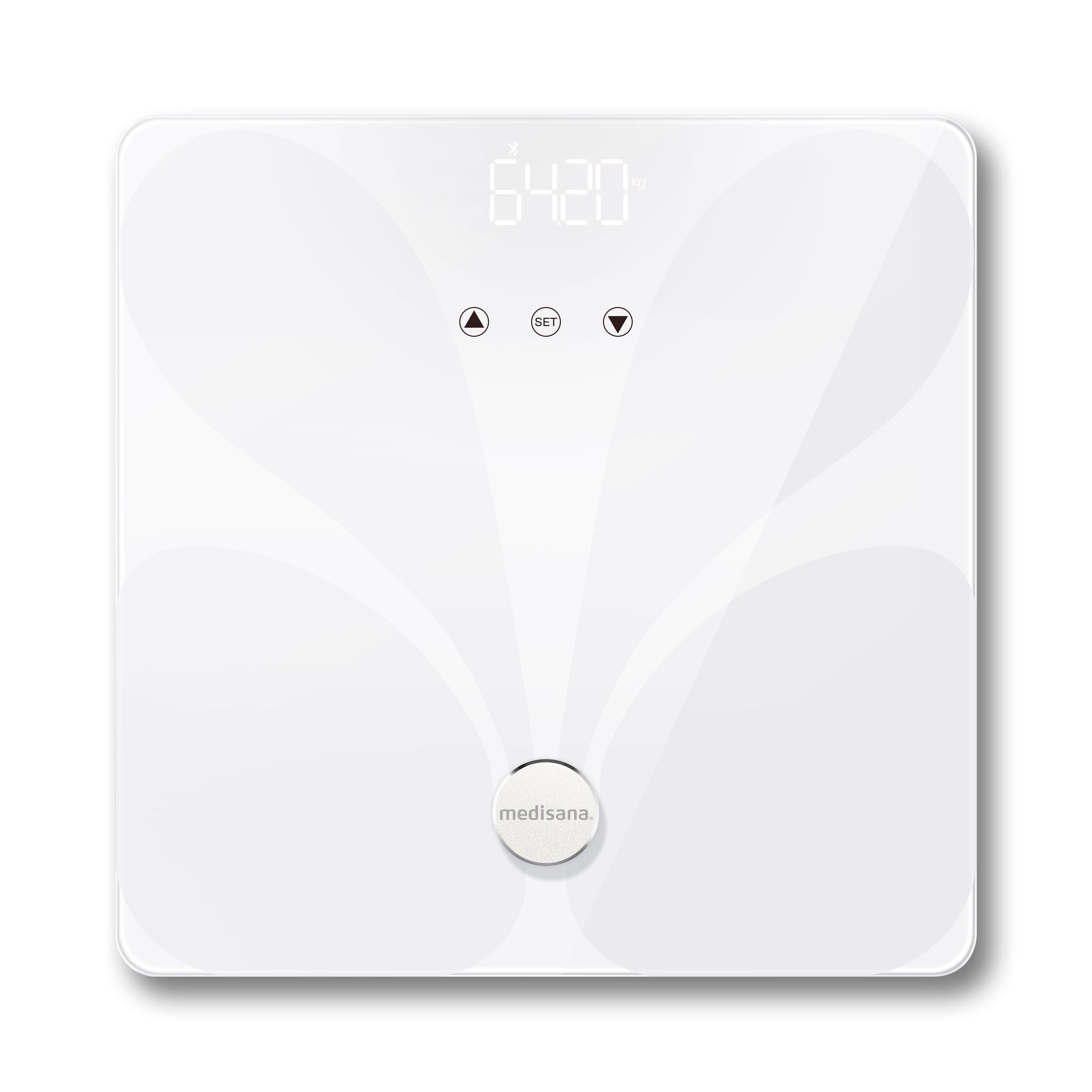 Witte lichaamsanalyseweegschaal met digitaal display (64.20) en Medisana logo.