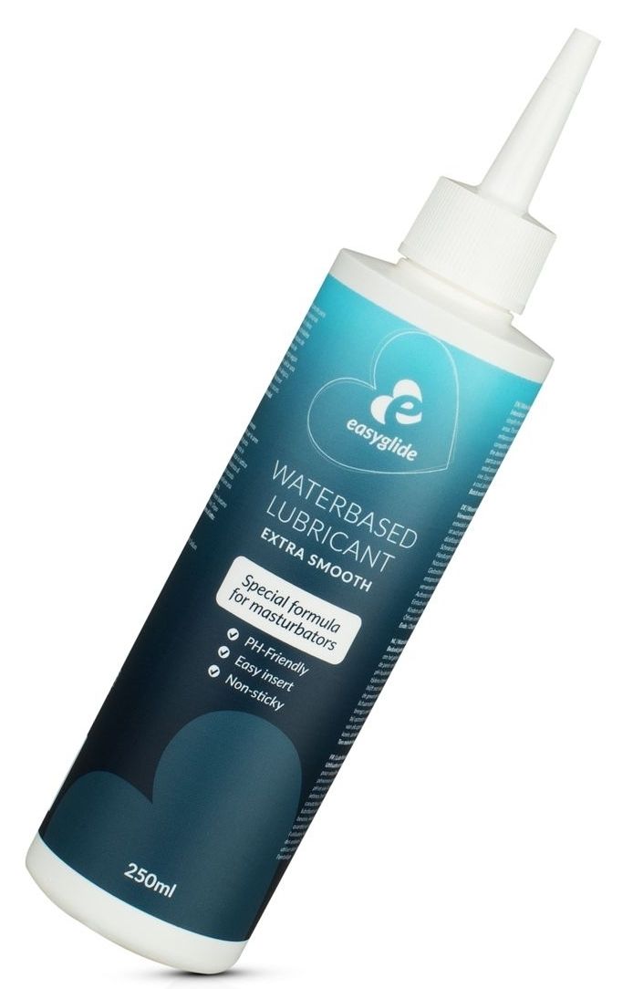 Flacon avec bouchon blanc et applicateur. Inscription: Easyglide Waterbased Lubricant Extra Smooth. Formule spéciale pour masturbateurs.