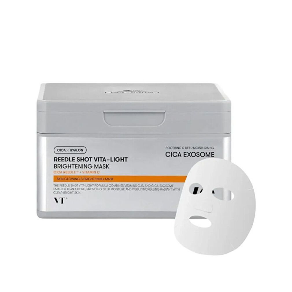 Boîte fermée de masque éclaircissant Cica Care Vita-Light avec un masque individuel à côté.