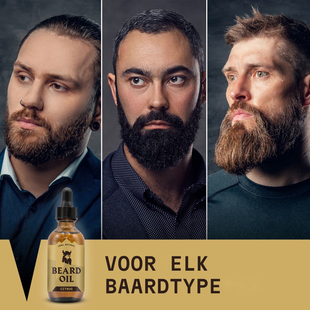 Drie mannen met verschillende baardtypes, naast een fles baardolie.