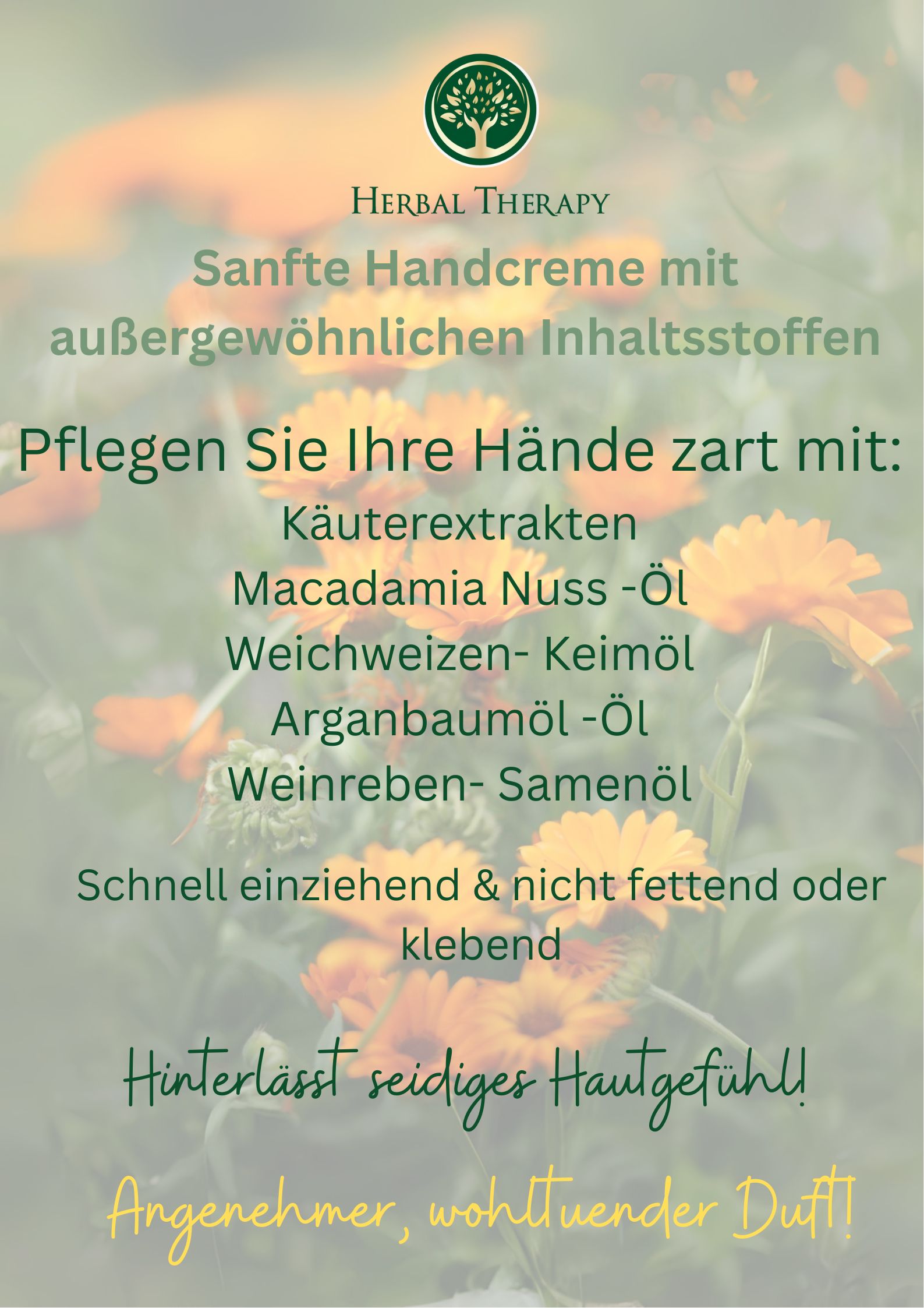 Tekstgebaseerde advertentie met Herbal Therapy logo. Tekst: Sanfte Handcreme mit außergewöhnlichen Inhaltsstoffen. Lijst van oliën en kruiden.