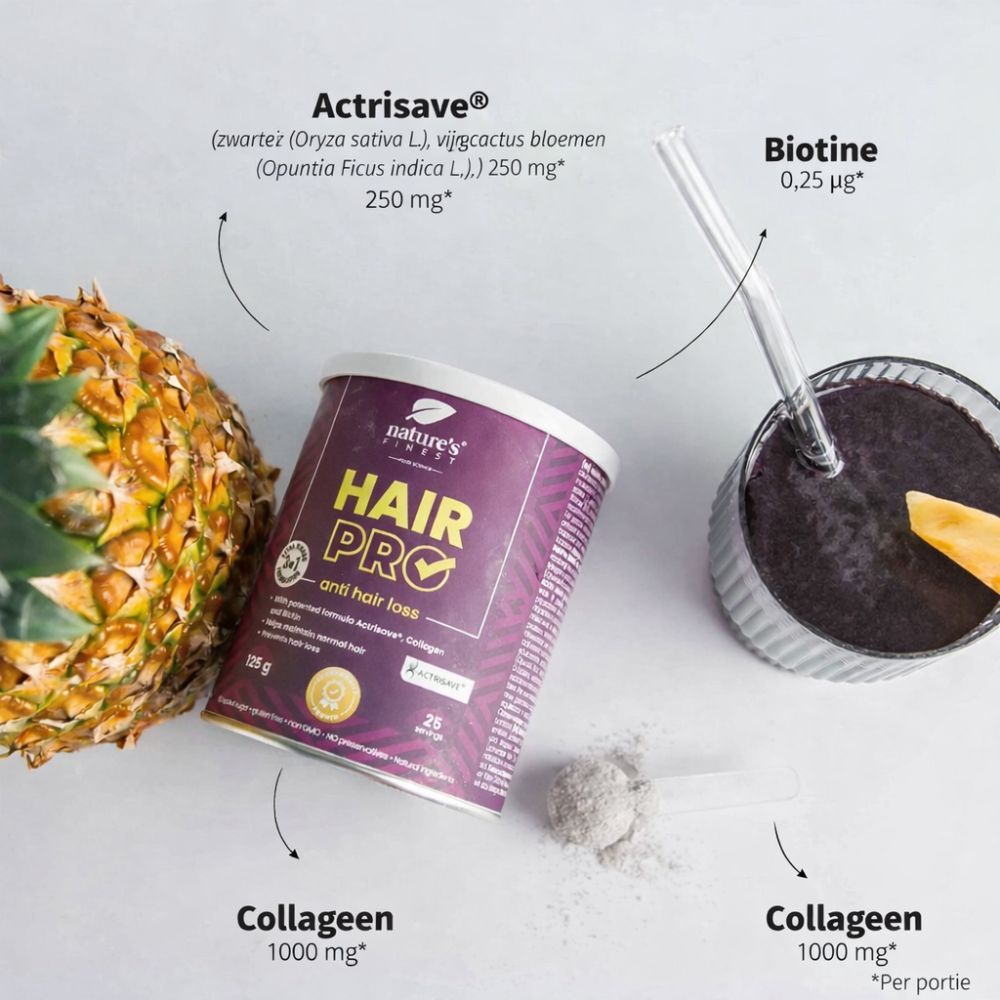 Pot Nature's Finest Hair Pro, ananas, glas met drank. Opschrift: Hair Pro, tegen haaruitval. 125g, 25 porties. Ingrediënten.