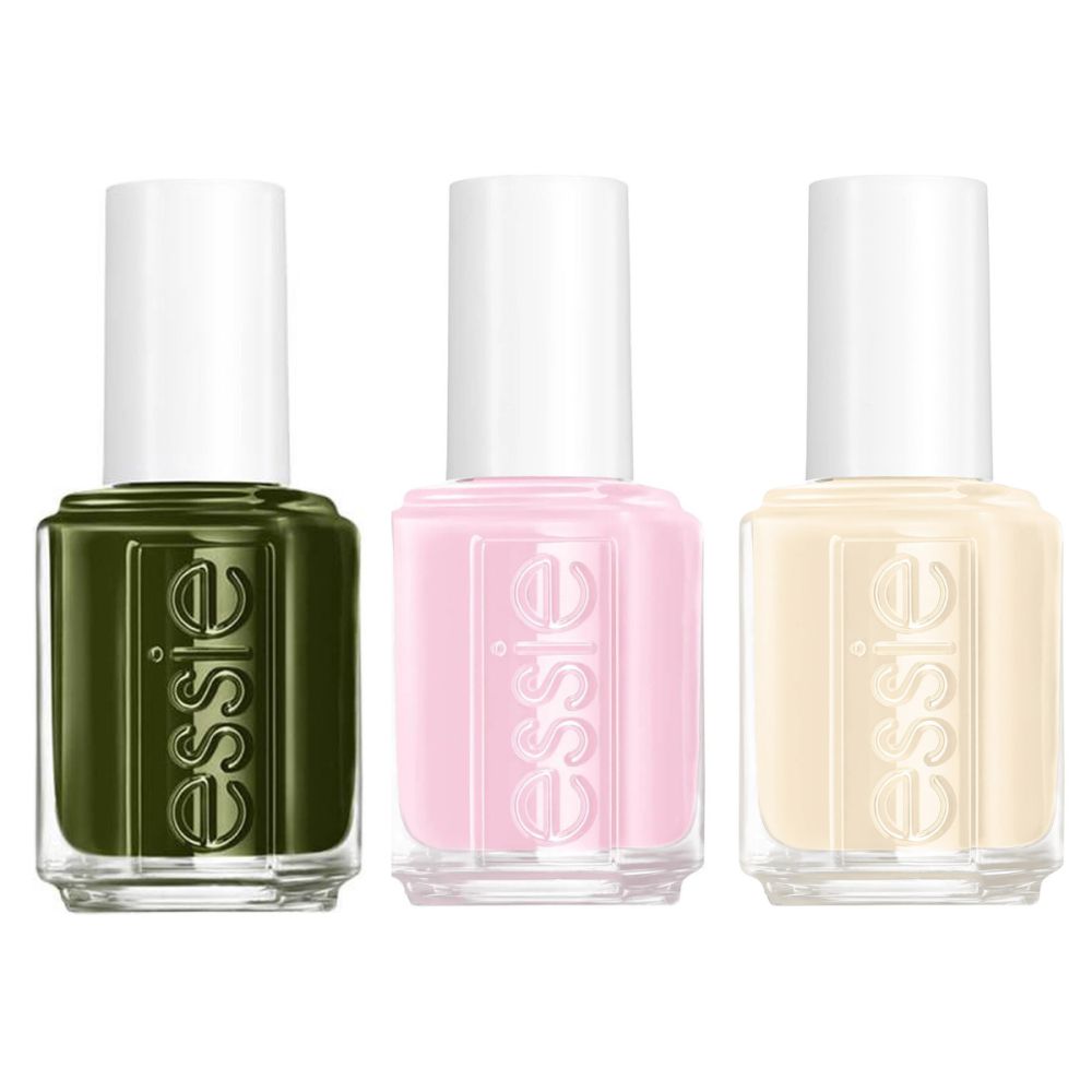 Trois flacons de vernis à ongles. Couleurs : vert, rose et beige. Bouchons blancs. Marque "essie" visible.