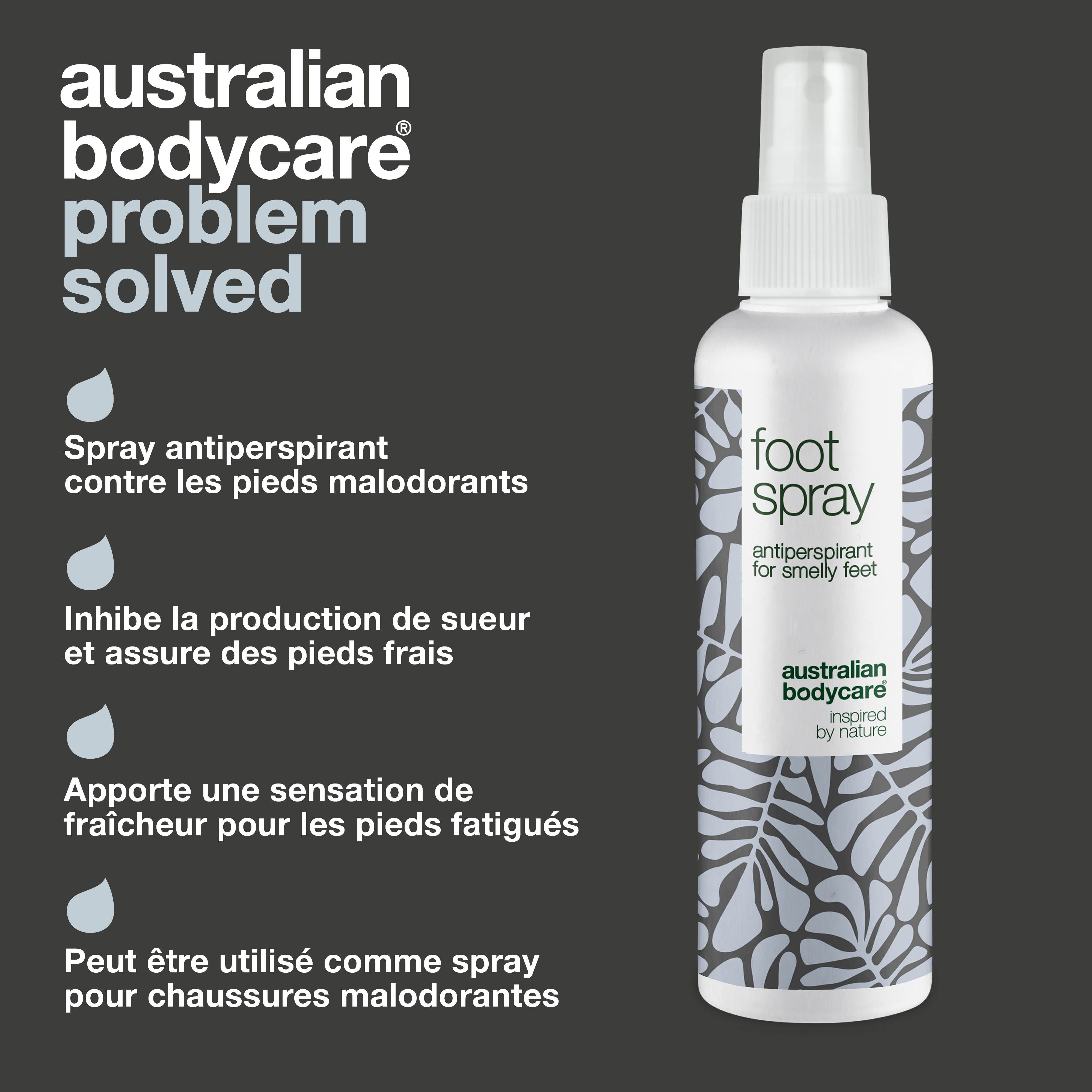 Flacon de spray pour les pieds. Texte : Spray anti-transpirant contre les pieds malodorants, Australian Bodycare.