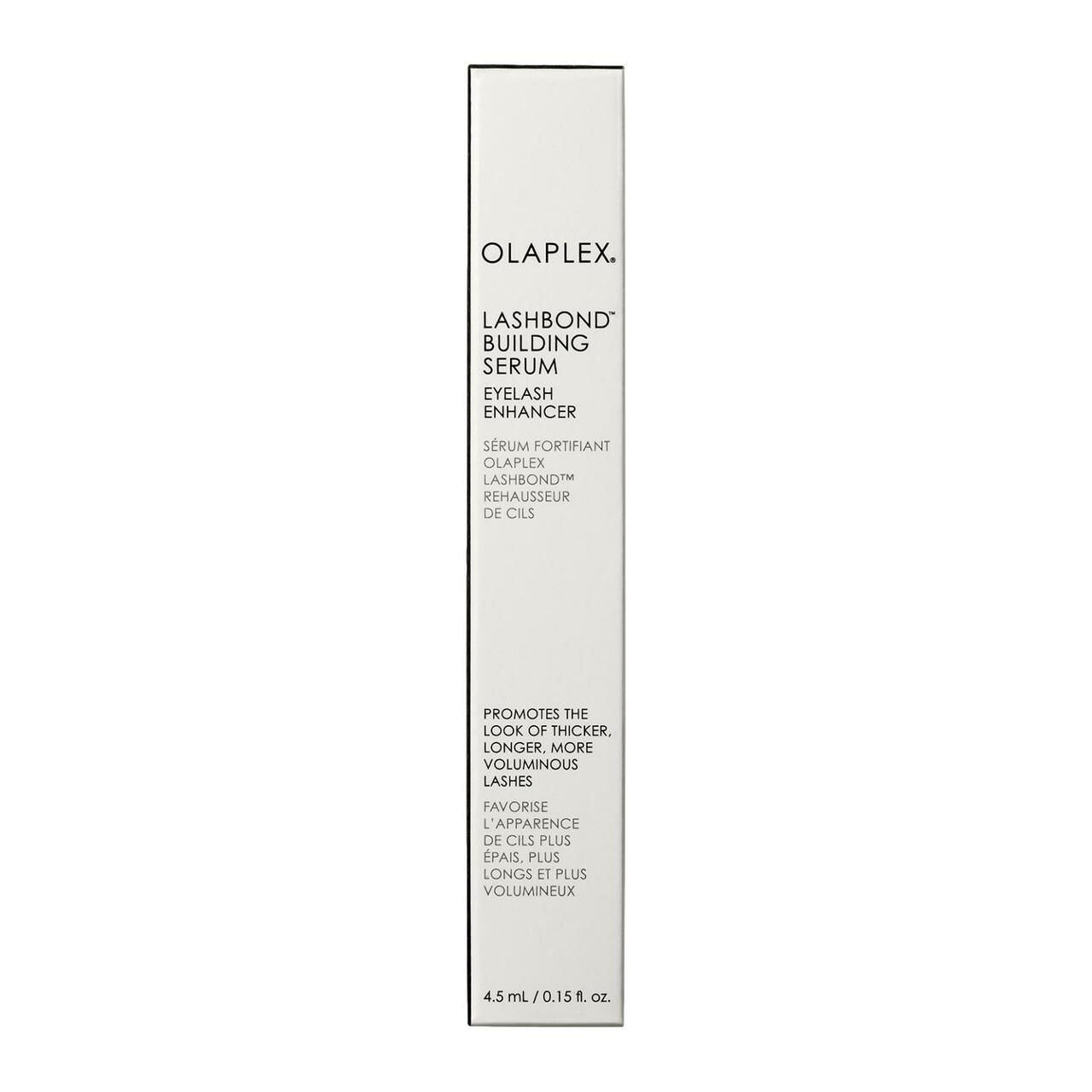 Emballage blanc avec informations sur le produit. "OLAPLEX" et "LASHBOND BUILDING SERUM" sont visibles.