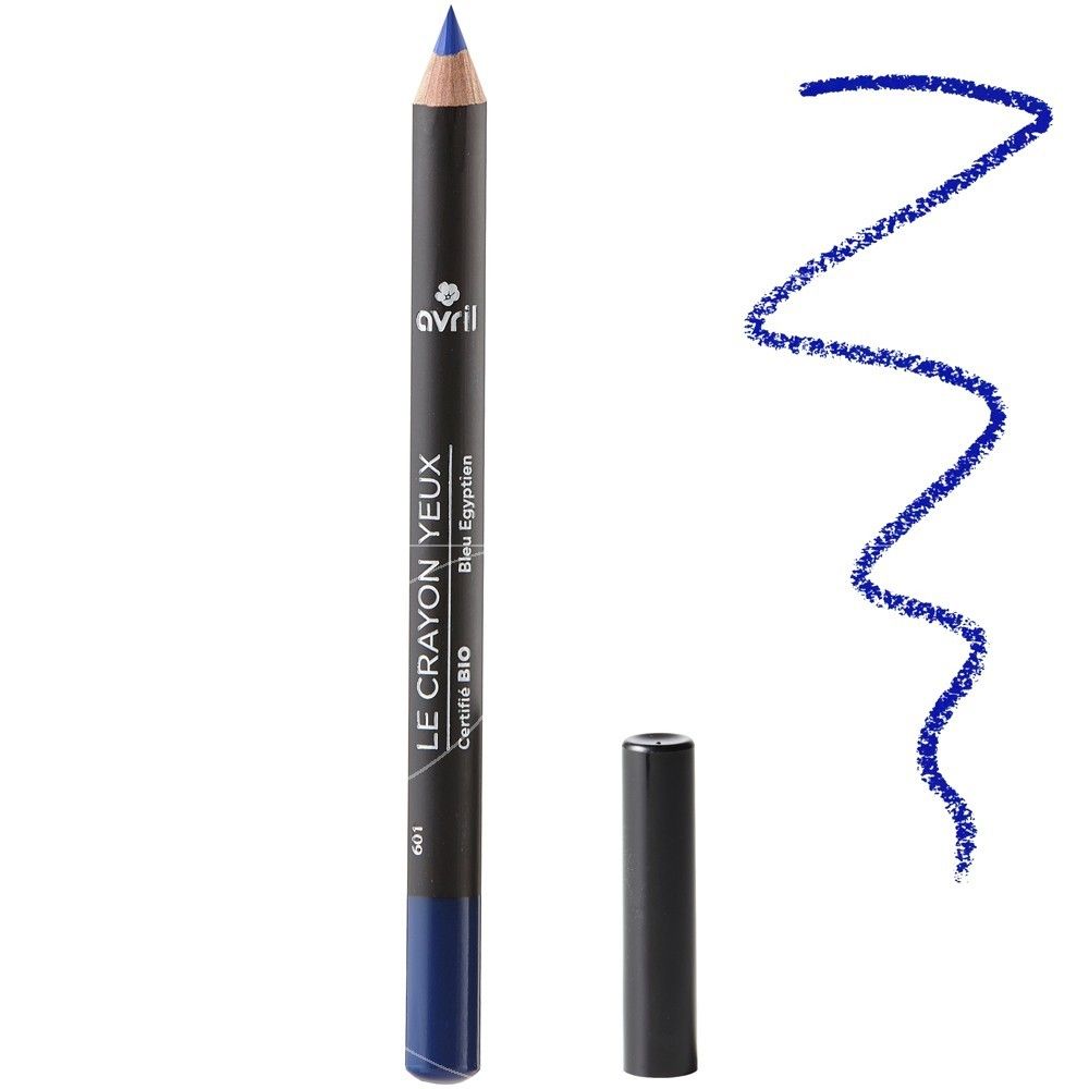 Crayon pour les yeux bleu avec capuchon noir et trait. Inscription: Avril, Le Crayon Yeux, Certifié Bio.