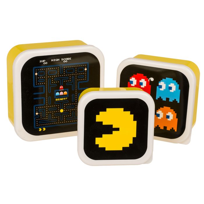 Drie gele brooddozen met Pac-Man-motieven. Verschillende ontwerpen: Pac-Man, geesten en spel.