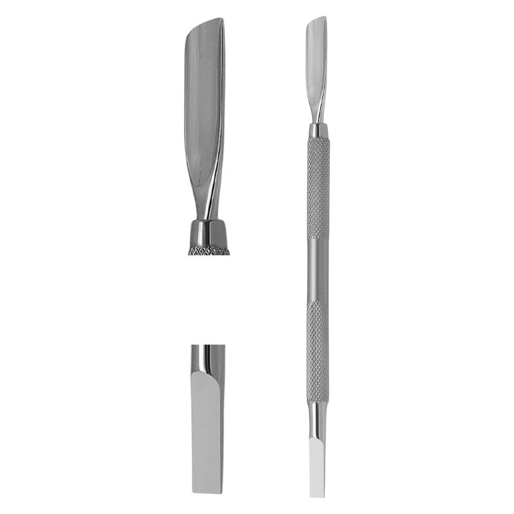 Pousse-cuticules double face en métal. Vues détaillées des extrémités : spatule et rectangulaire. Manche moleté.