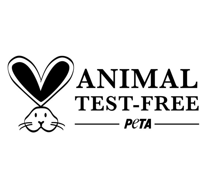 Logo: PETA Animal Test-Free, avec symbole de lapin. Texte noir sur fond blanc.