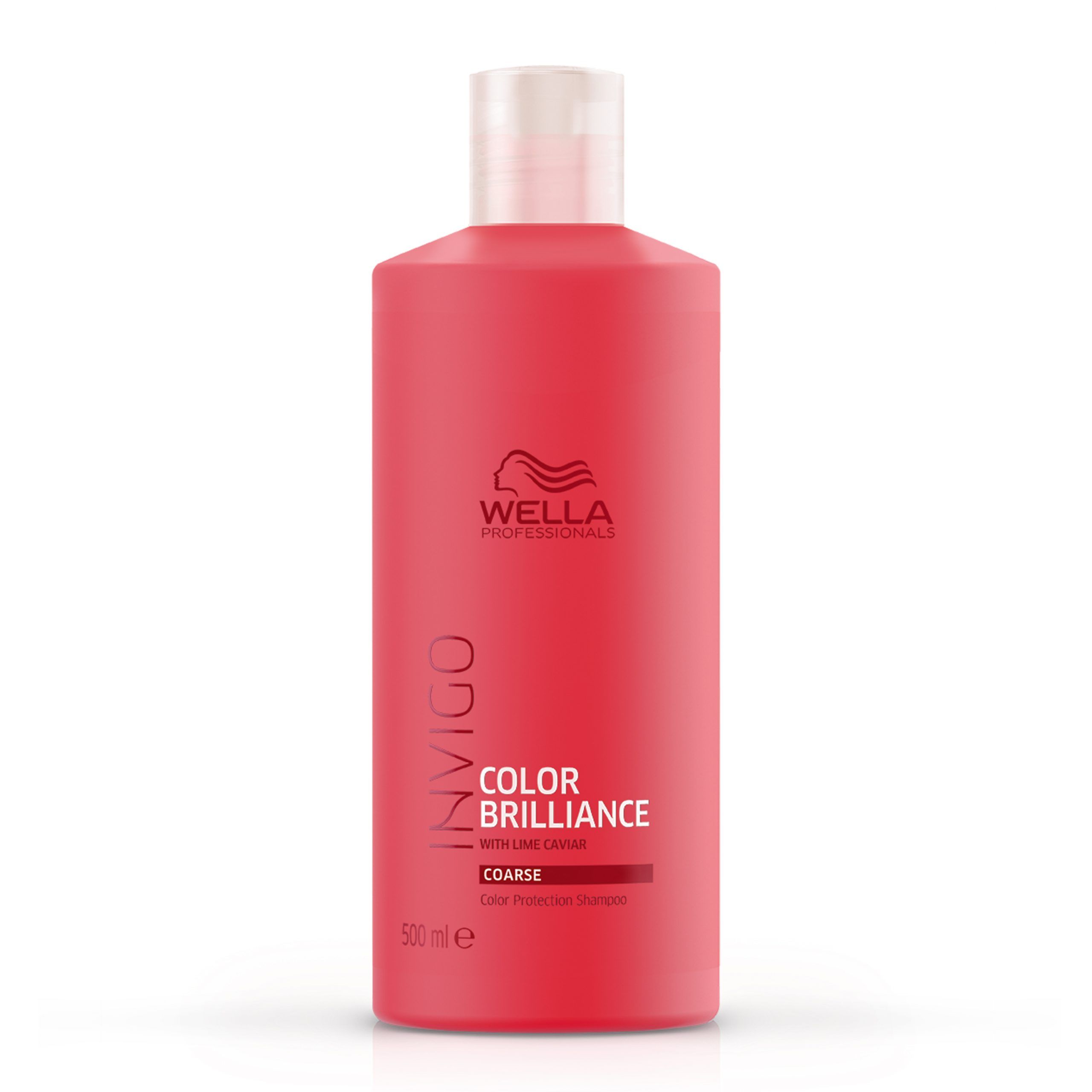 Flacon de shampooing rouge avec bouchon blanc. Inscription : Invigo Color Brilliance Coarse. Marque : Wella Professionals.