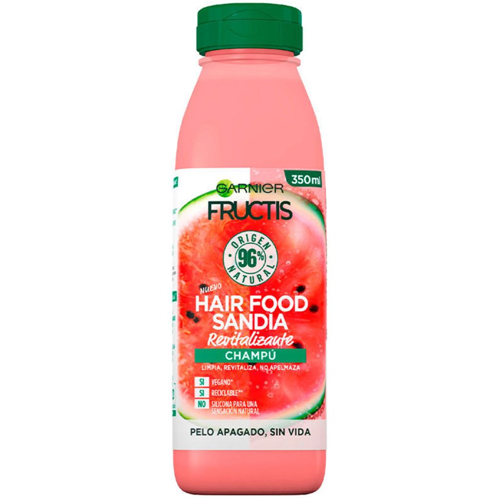 Roze shampoo fles met groene dop. Label met watermeloen ontwerp en tekst 'Hair Food Sandía'.
