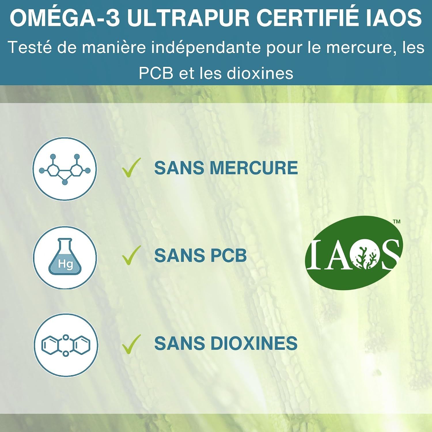 DHA & EPA équilibrés + Astaxanthine issus d'algues. Avec icônes pour cœur, cerveau et vision.