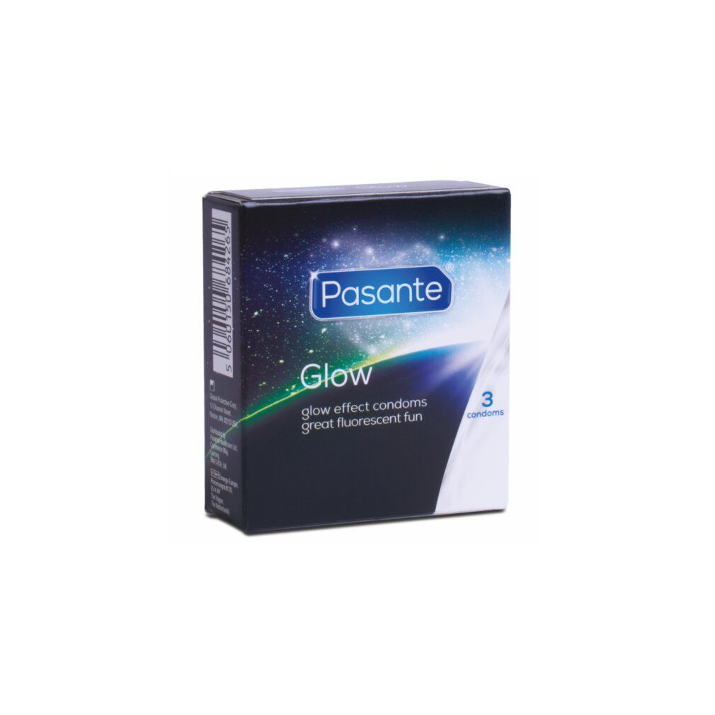 Boîte noire Pasante Glow, contenant 3 préservatifs. Texte: glow effect condoms, great fluorescent fun.
