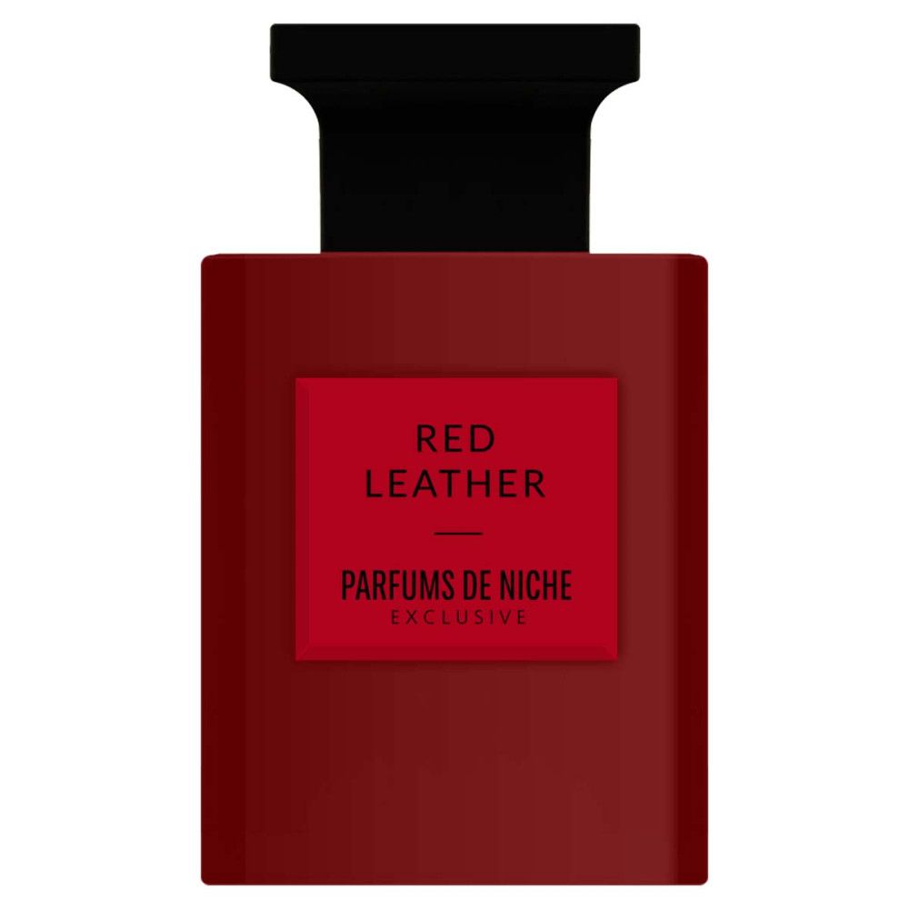 Bouteille de parfum rouge avec bouchon noir, étiquette "Red Leather" et "Parfums de Niche".